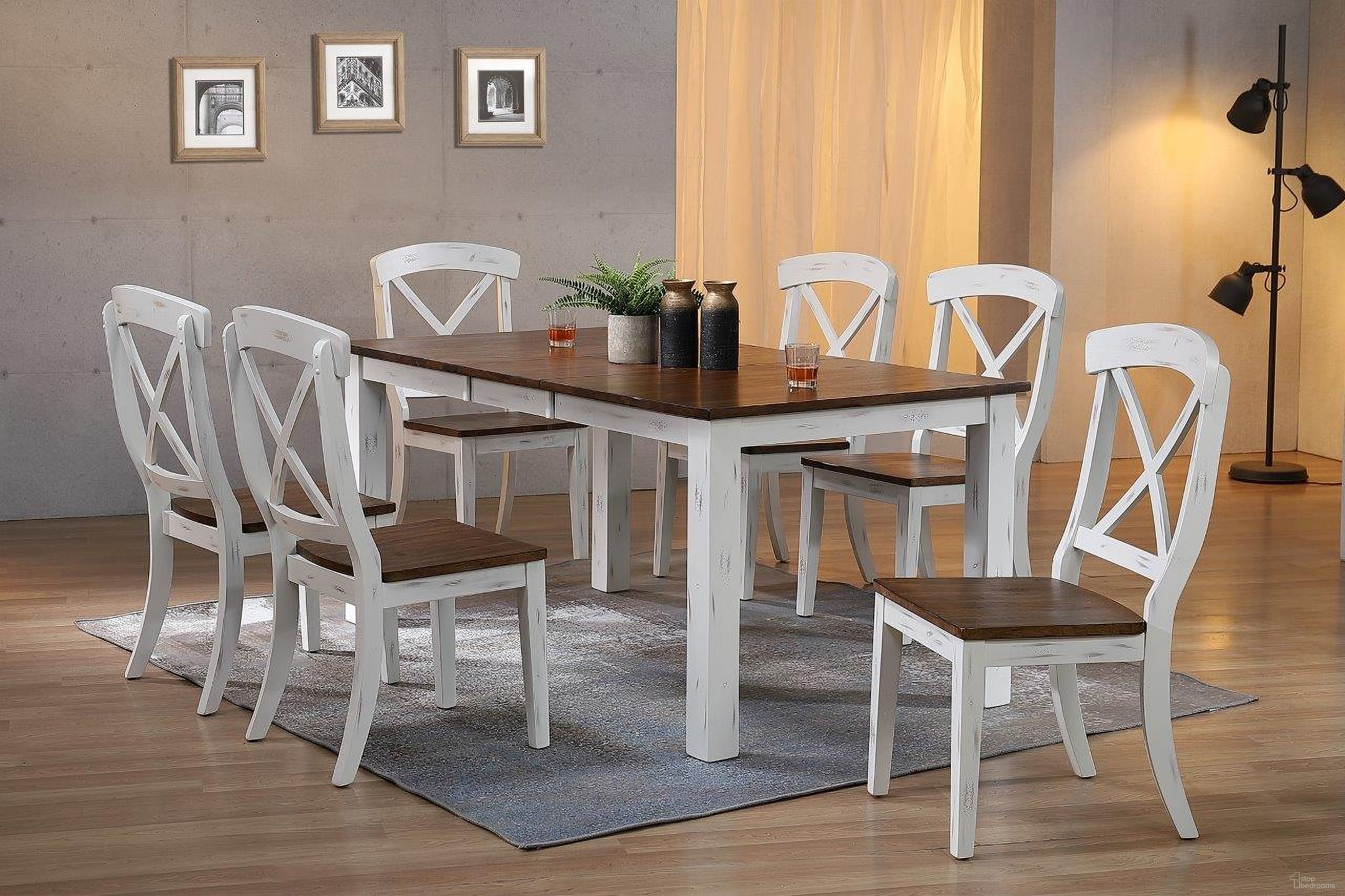The appearance of Rectangle Parsons Transitional X-Back 7-Piece Dining Set In Distressed Cocoa Brown and Cotton White designed by Iconic Furniture in the transitional interior design. This distressed cocoa brown and cotton white piece of furniture was selected by 1StopBedrooms from Loft & Parsons Collection to add a touch of cosiness and style into your home. Sku: RT67TF-LGPA-CH60-DBN-DWT-7PC. Table Base Style: Legs. Table Top Shape: Rectangular. Material: Rubberwood.