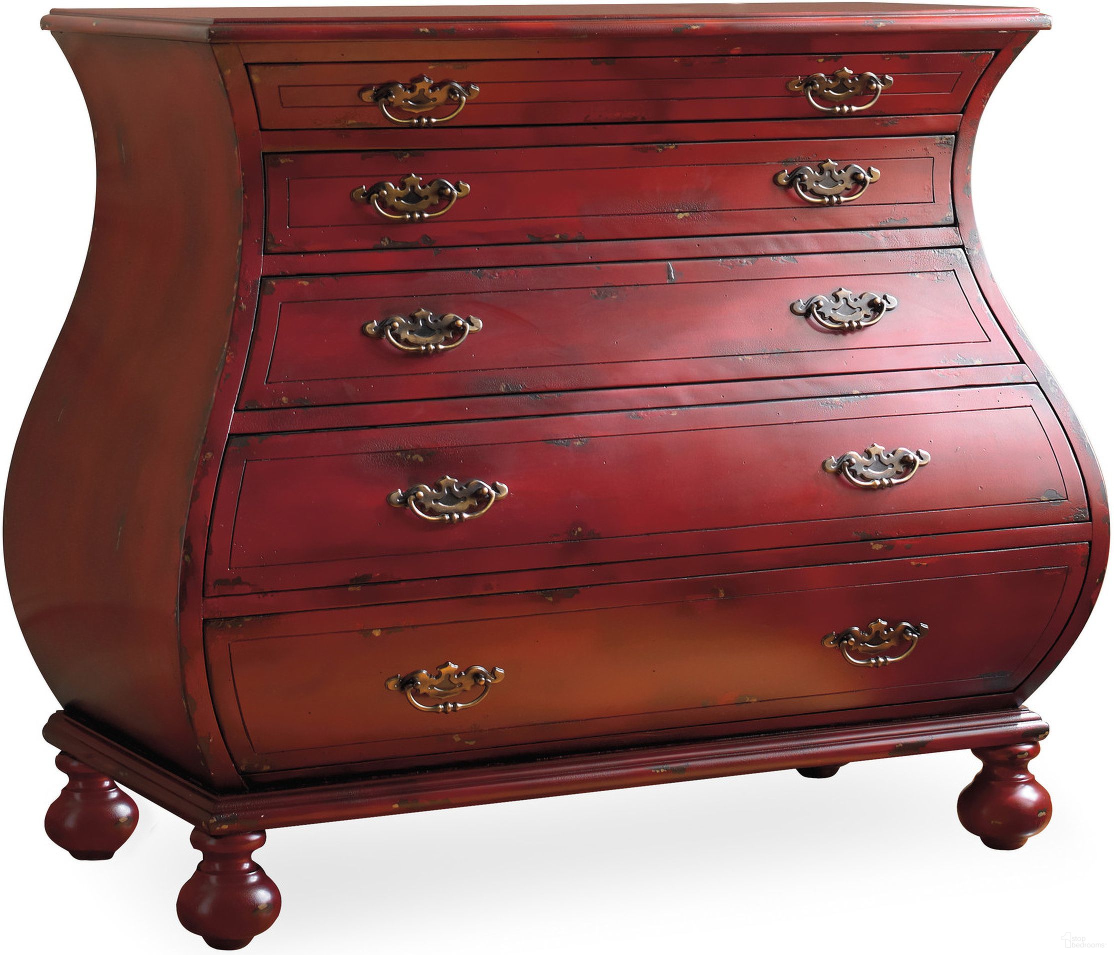 The appearance of Melange Red 5 Drawer Bombe Chest designed by Hooker in the transitional interior design. This red piece of furniture  was selected by 1StopBedrooms from Melange Collection to add a touch of cosiness and style into your home. Sku: 5102-85001. Material: Hardwood.