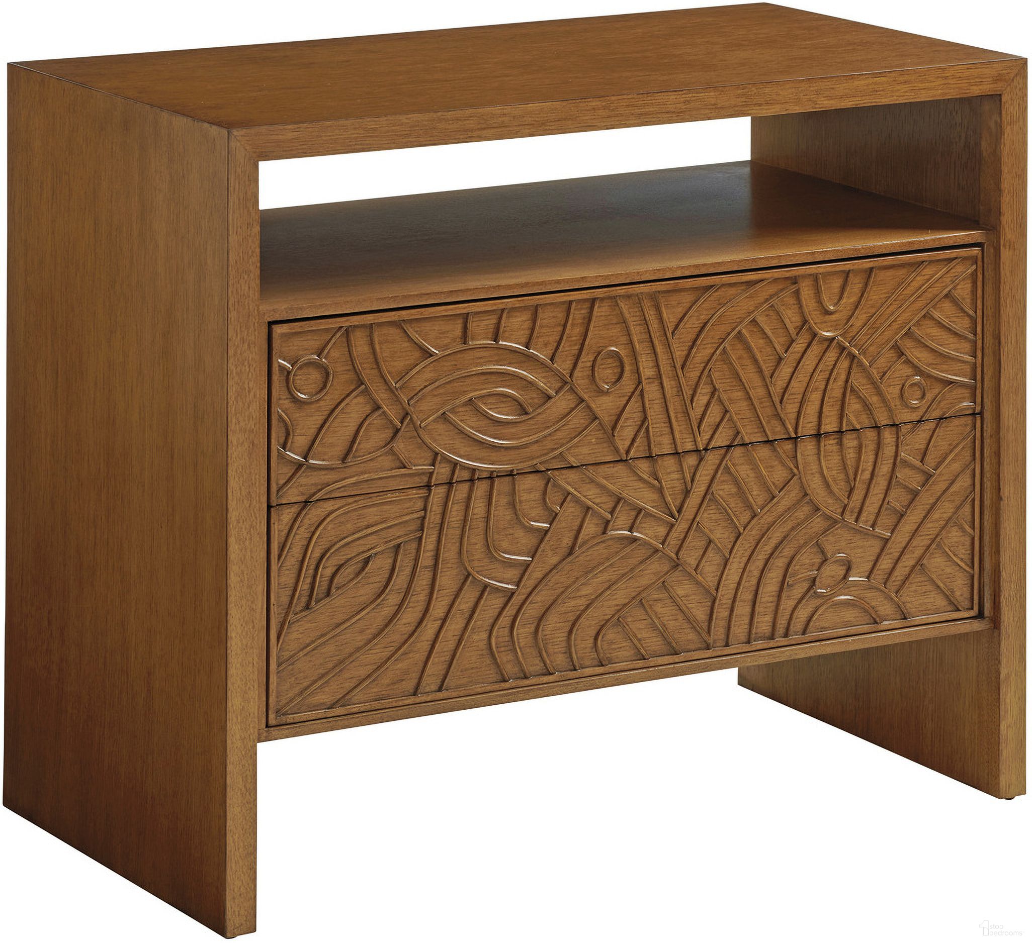The appearance of Palm Desert Redlands Nightstand In Sonoran designed by Tommy Bahama in the modern / contemporary interior design. This sonoran piece of furniture  was selected by 1StopBedrooms from Palm Desert Collection to add a touch of cosiness and style into your home. Sku: 575-623. Material: Wood.