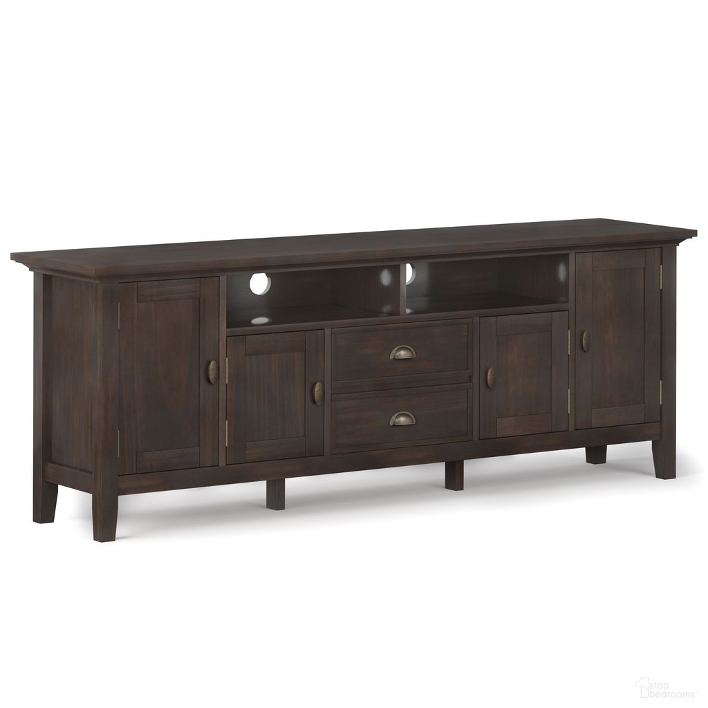 The appearance of Redmond Solid Wood 72 Inch TV Media Stand In Brunette Brown designed by Simpli Home in the transitional interior design. This brunette brown piece of furniture was selected by 1StopBedrooms from Redmond Collection to add a touch of cosiness and style into your home. Sku: AXCRED72-BRU. Material: Pine.