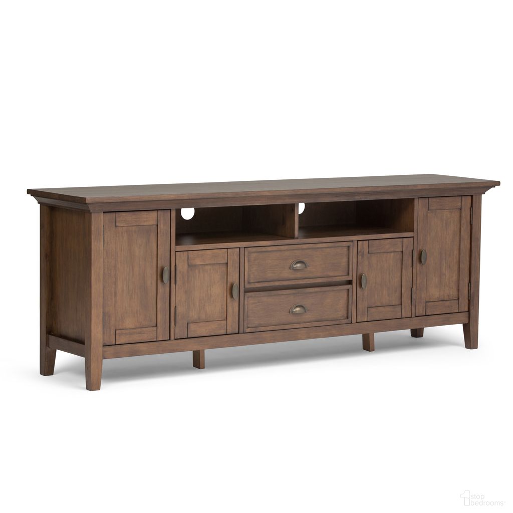 The appearance of Redmond Solid Wood 72 Inch TV Media Stand In Rustic Natural Aged Brown designed by Simpli Home in the transitional interior design. This rustic natural aged brown piece of furniture  was selected by 1StopBedrooms from Redmond Collection to add a touch of cosiness and style into your home. Sku: 3AXCADM-07. Material: Pine.