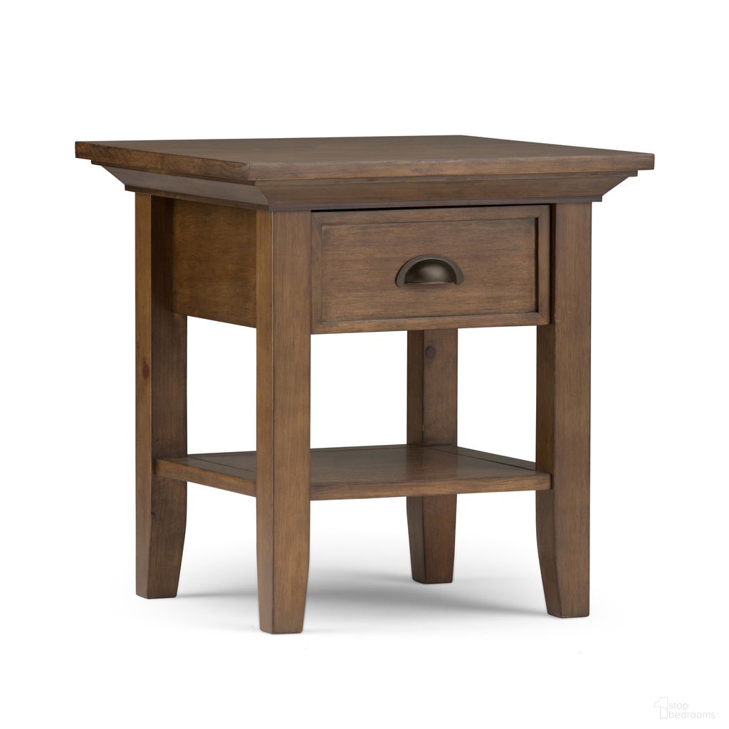 The appearance of Redmond Solid Wood End Table In Rustic Natural Aged Brown designed by Simpli Home in the transitional interior design. This rustic natural aged brown piece of furniture was selected by 1StopBedrooms from Redmond Collection to add a touch of cosiness and style into your home. Sku: 3AXCADM-02. Material: Pine.