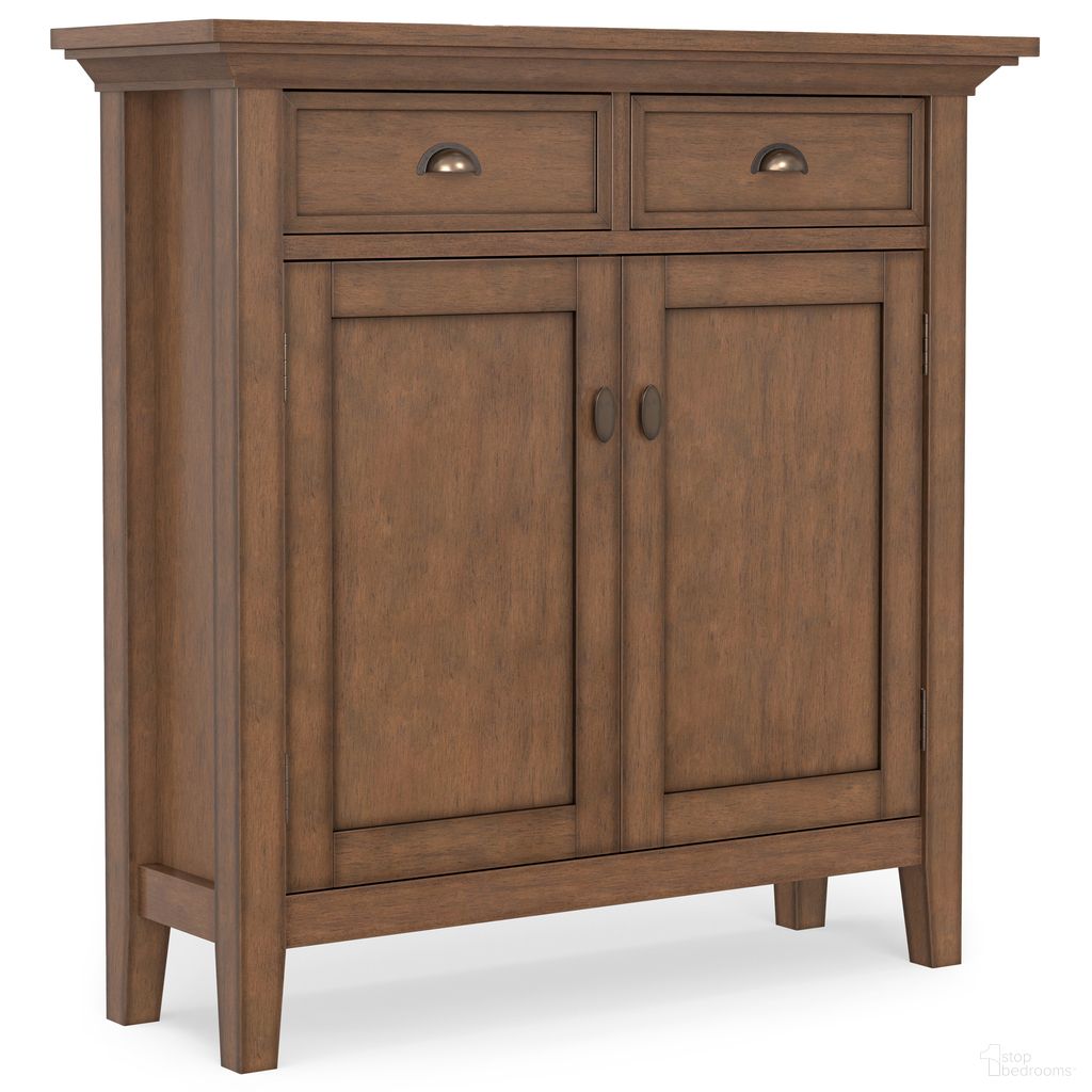 The appearance of Redmond Solid Wood Entryway Storage Cabinet In Rustic Natural Aged Brown designed by Simpli Home in the transitional interior design. This rustic natural aged brown piece of furniture was selected by 1StopBedrooms from Redmond Collection to add a touch of cosiness and style into your home. Sku: AXCRED47-RNAB. Material: Pine.