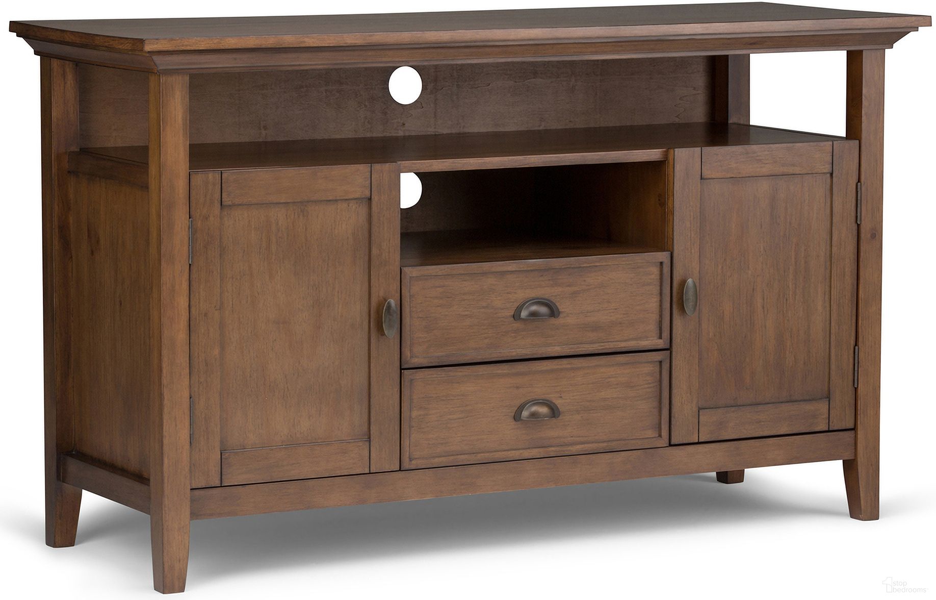 The appearance of Redmond Solid Wood Tall TV Media Stand In Rustic Natural Aged Brown designed by Simpli Home in the transitional interior design. This rustic natural aged brown piece of furniture was selected by 1StopBedrooms from Redmond Collection to add a touch of cosiness and style into your home. Sku: 3AXCADM-06. Material: Pine.