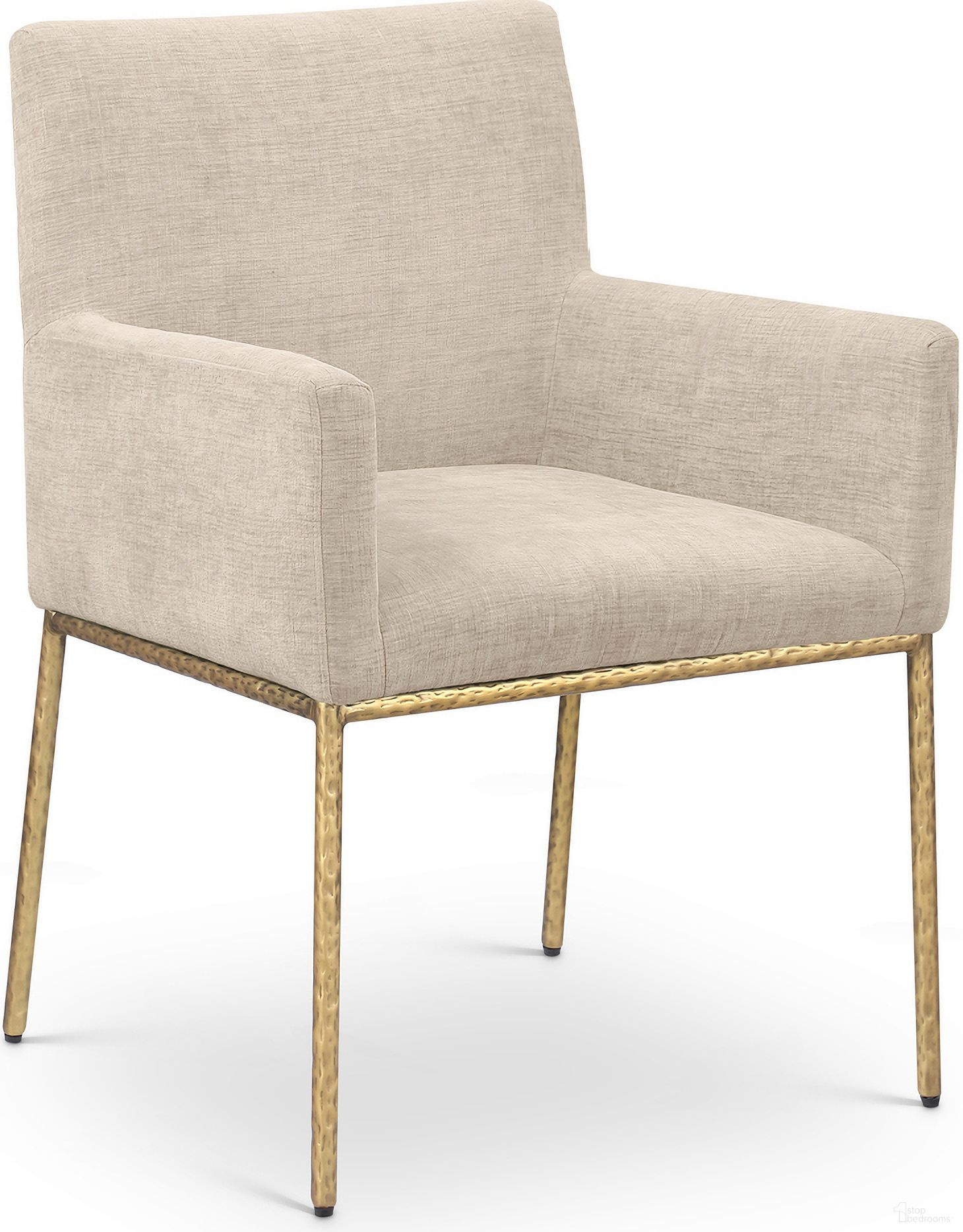 The appearance of Reeves Chenille Fabric Dining Chair Set of 2 In Beige and Brushed Brass designed by Meridian in the modern / contemporary interior design. This beige piece of furniture  was selected by 1StopBedrooms from Reeves Collection to add a touch of cosiness and style into your home. Sku: 11002Beige-C. Material: Chenille. Chair Type: Arm Chair.