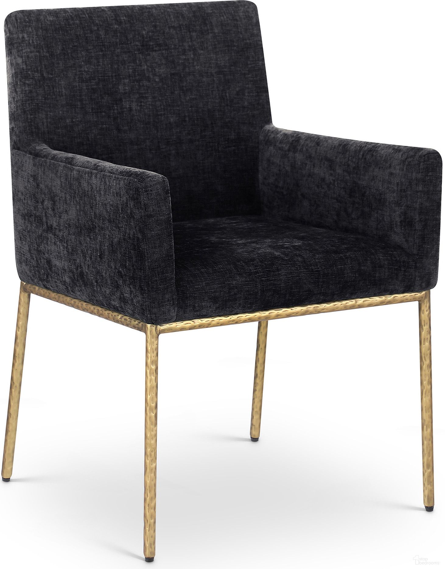 The appearance of Reeves Chenille Fabric Dining Chair Set of 2 In Black and Brushed Brass designed by Meridian in the modern / contemporary interior design. This black piece of furniture was selected by 1StopBedrooms from Reeves Collection to add a touch of cosiness and style into your home. Sku: 11002Black-C. Material: Chenille. Chair Type: Arm Chair.