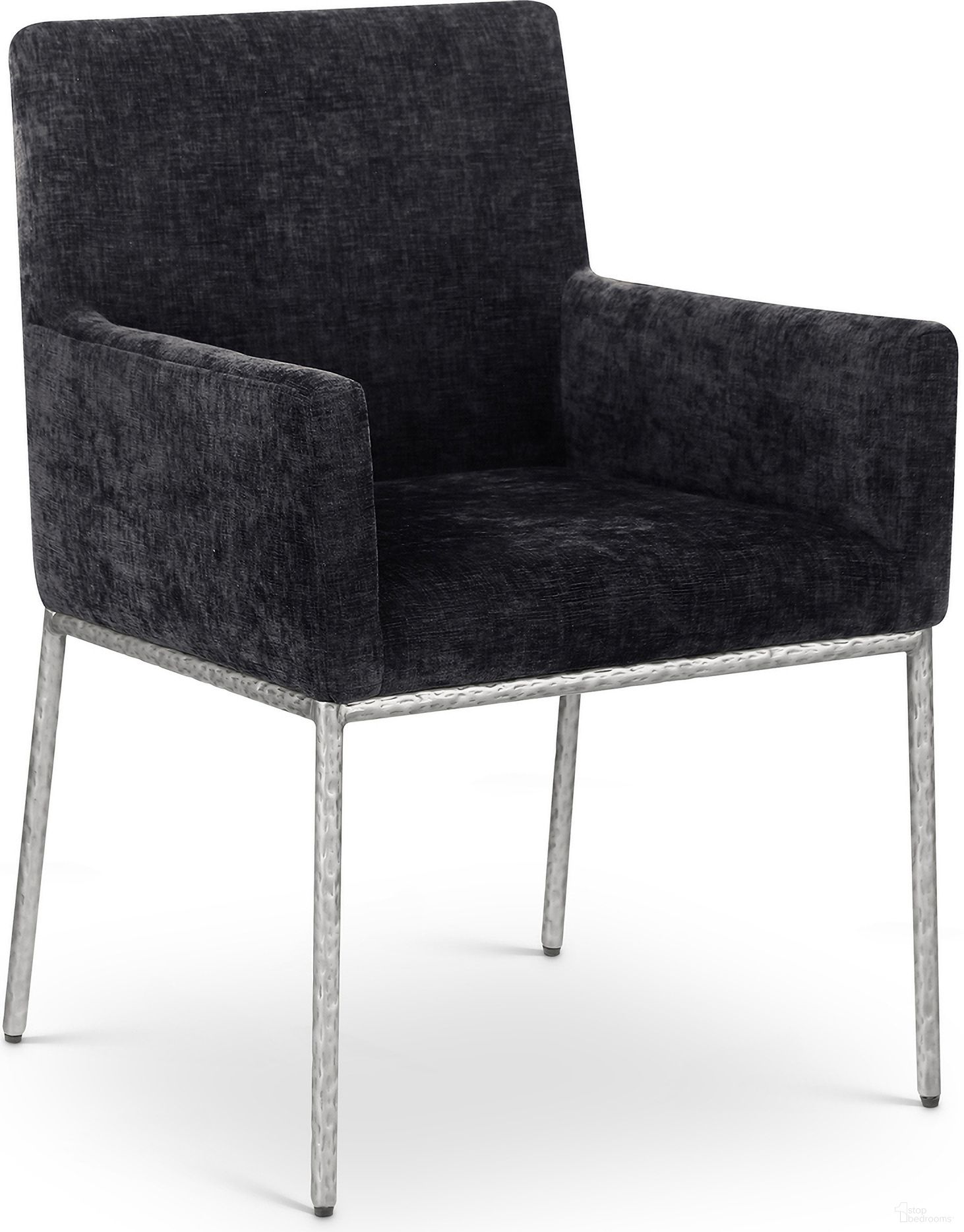 The appearance of Reeves Chenille Fabric Dining Chair Set of 2 In Black and Brushed Silver designed by Meridian in the modern / contemporary interior design. This black piece of furniture  was selected by 1StopBedrooms from Reeves Collection to add a touch of cosiness and style into your home. Sku: 11003Black-C. Material: Chenille. Chair Type: Arm Chair.