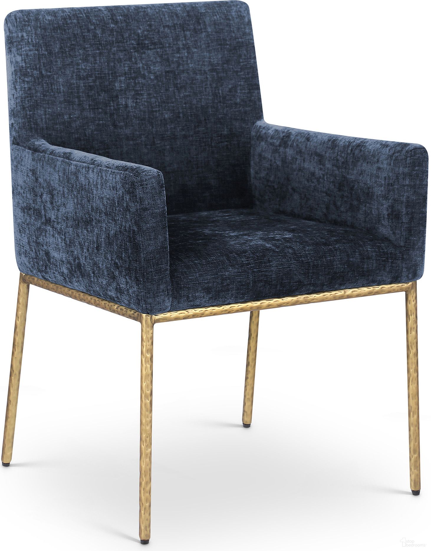 The appearance of Reeves Chenille Fabric Dining Chair Set of 2 In Navy and Brushed Brass designed by Meridian in the modern / contemporary interior design. This navy piece of furniture was selected by 1StopBedrooms from Reeves Collection to add a touch of cosiness and style into your home. Sku: 11002Navy-C. Material: Chenille. Chair Type: Arm Chair.