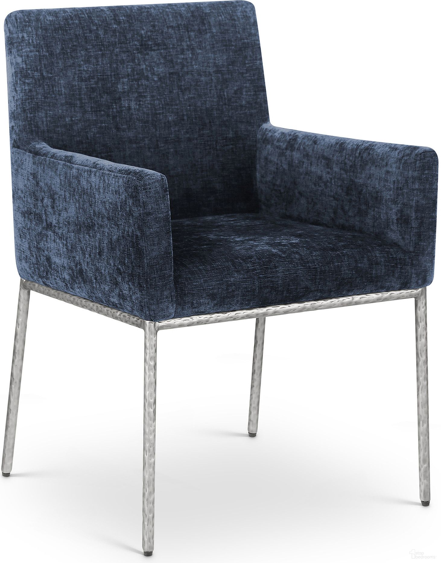 The appearance of Reeves Chenille Fabric Dining Chair Set of 2 In Navy and Brushed Silver designed by Meridian in the modern / contemporary interior design. This navy piece of furniture was selected by 1StopBedrooms from Reeves Collection to add a touch of cosiness and style into your home. Sku: 11003Navy-C. Material: Chenille. Chair Type: Arm Chair.