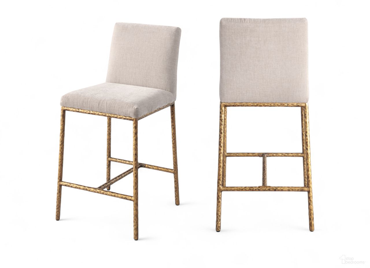 Reeves Chenille Fabric Upholstered Counter Stool Set of 2 In Beige and Brushed Gold