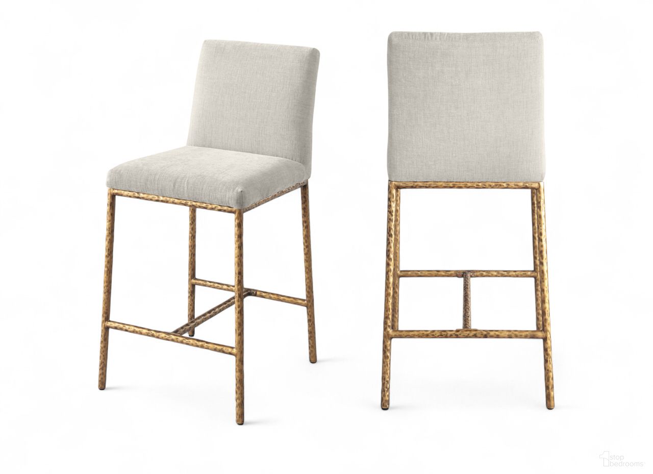 The appearance of Reeves Chenille Fabric Upholstered Counter Stool Set of 2 In Brushed Gold and Cream designed by Meridian in the modern / contemporary interior design. This brushed gold/cream piece of furniture  was selected by 1StopBedrooms from Reeves Collection to add a touch of cosiness and style into your home. Sku: 11070Cream-C. Material: Chenille.