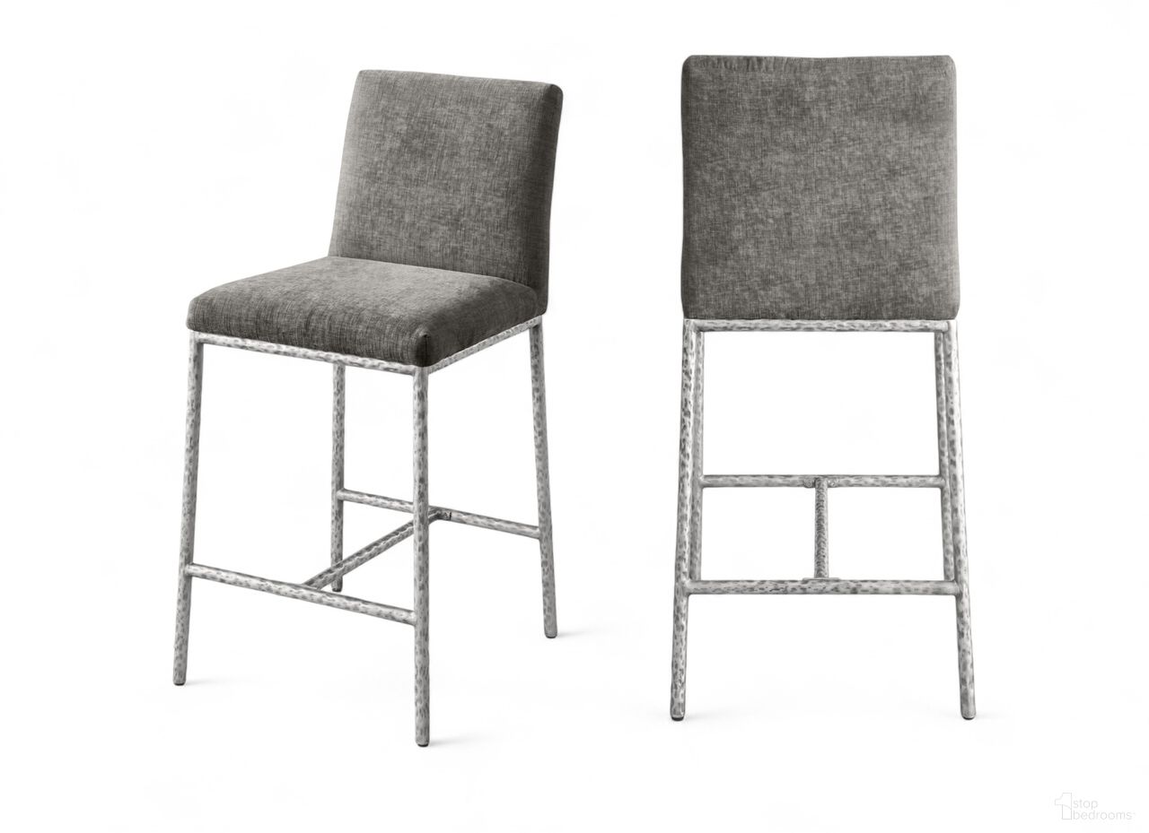The appearance of Reeves Chenille Fabric Upholstered Counter Stool Set of 2 In Grey and Brushed Silver designed by Meridian in the modern / contemporary interior design. This grey/brushed silver piece of furniture was selected by 1StopBedrooms from Reeves Collection to add a touch of cosiness and style into your home. Sku: 11080Grey-C. Material: Chenille.