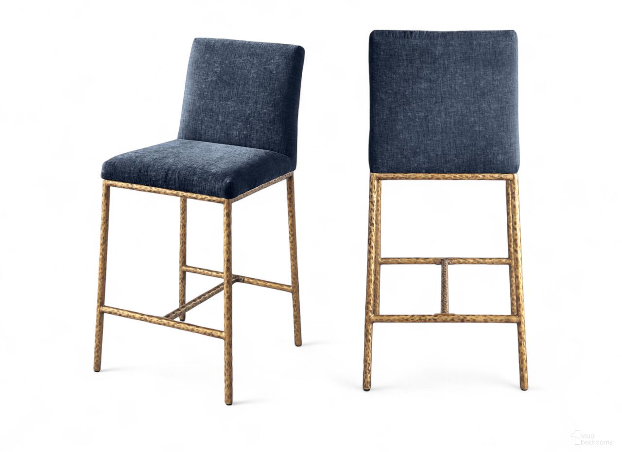 Reeves Chenille Fabric Upholstered Counter Stool Set of 2 In Navy and Brushed Gold