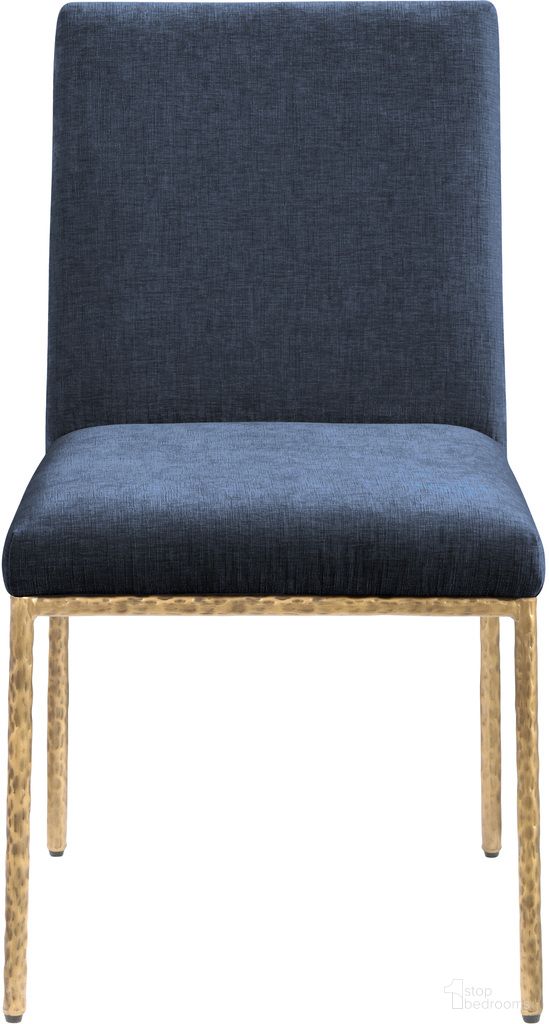 Reeves Chenille Fabric Upholstered Dining Side Chair Set of 2 In Navy and Brushed Brass