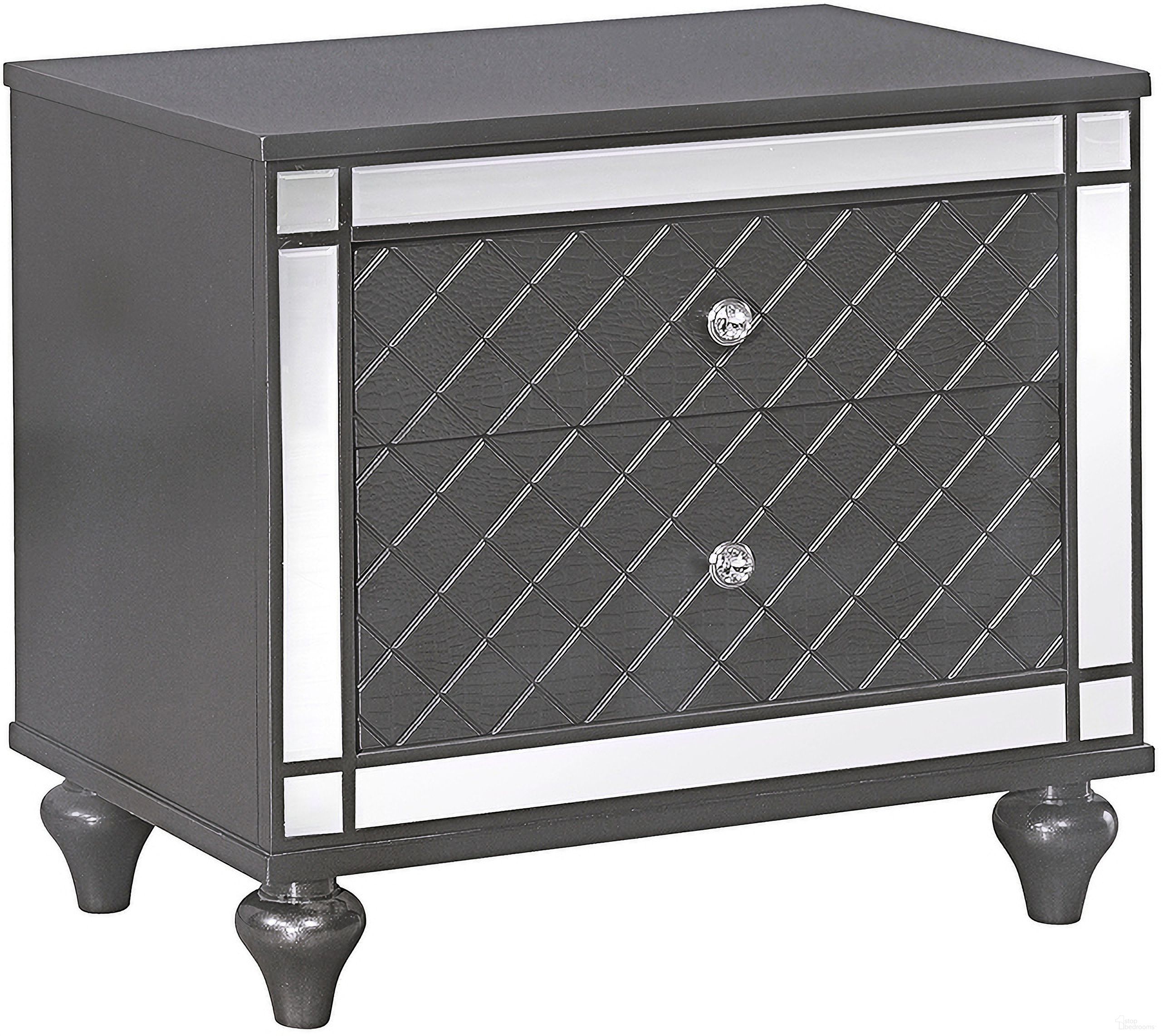 The appearance of Refino Night Stand In Gunmetal designed by Crown Mark in the glam interior design. This gunmetal piece of furniture was selected by 1StopBedrooms from Refino Collection to add a touch of cosiness and style into your home. Sku: B1670-2N. Material: MDF.