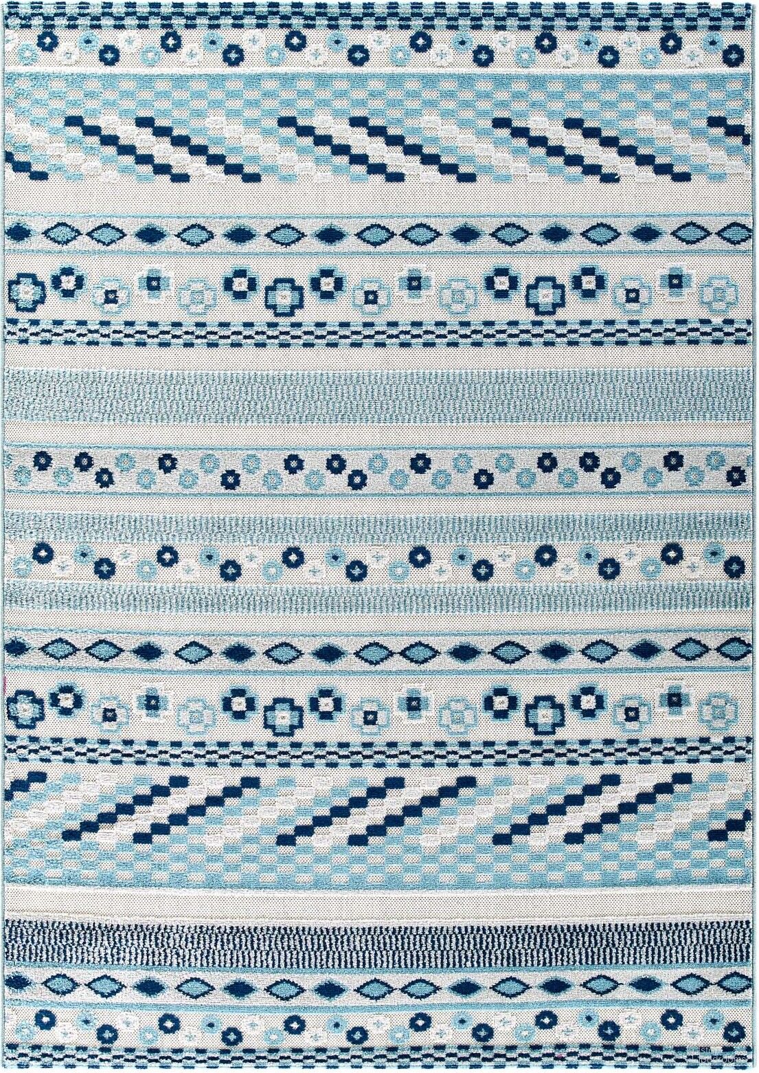 Reflect Ivory and Blue Cadhla Vintage Abstract Geometric Lattice 5x8 Indoor and Outdoor Area Rug