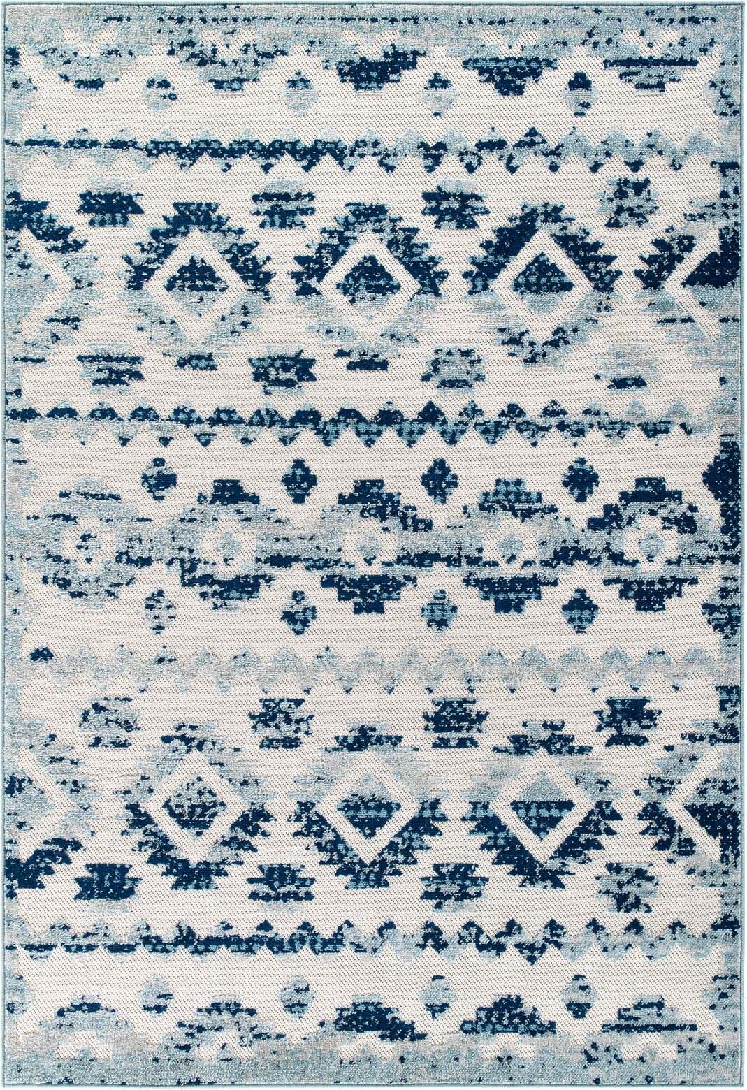 Reflect Ivory and Blue Takara Abstract Diamond Moroccan Trellis 5x8 Indoor and Outdoor Area Rug