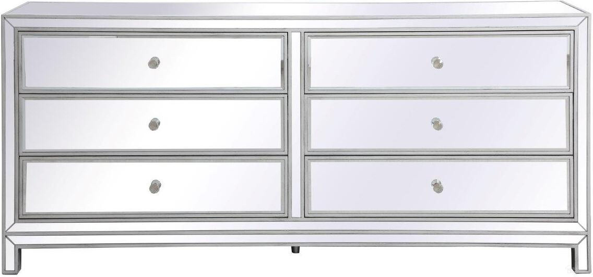 The appearance of Reflexion 72 Inch Mirrored Six Drawer Chest In Antique Silver designed by Elegant Lighting in the transitional interior design. This antique silver piece of furniture  was selected by 1StopBedrooms from Reflexion Collection to add a touch of cosiness and style into your home. Sku: MF73672S. Material: MDF.