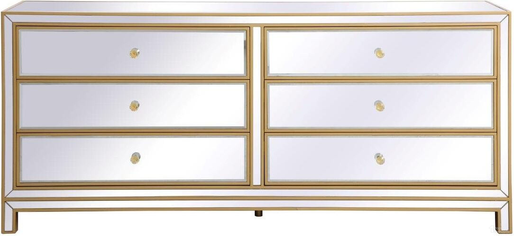 The appearance of Reflexion 72 Inch Mirrored Six Drawer Chest In Gold designed by Elegant Lighting in the transitional interior design. This gold piece of furniture was selected by 1StopBedrooms from Reflexion Collection to add a touch of cosiness and style into your home. Sku: MF73672G. Material: MDF.