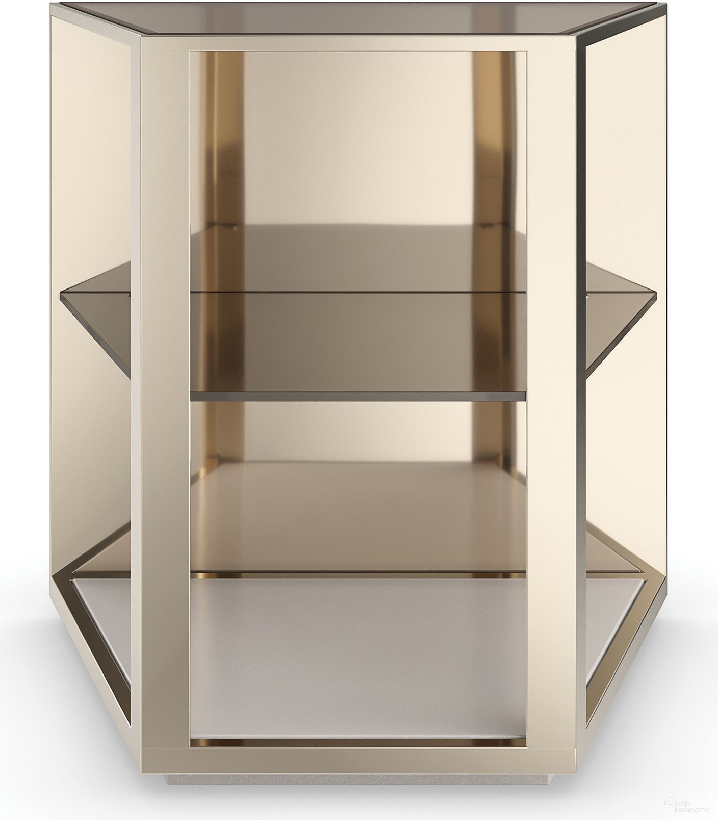 The appearance of Refraction End Table In Gold designed by Caracole in the modern / contemporary interior design. This gold piece of furniture  was selected by 1StopBedrooms from Refraction Collection to add a touch of cosiness and style into your home. Sku: CLA-023-412. Material: Metal.