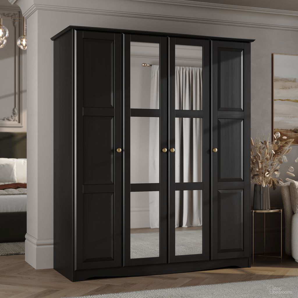 The appearance of Regal 4-Door Wardrobe with Mirrored Doors and Metal Knobs In Black designed by Palace Imports in the modern / contemporary interior design. This black piece of furniture  was selected by 1StopBedrooms from Regal Collection to add a touch of cosiness and style into your home. Sku: 5987MB. Material: Solid Pine Wood.
