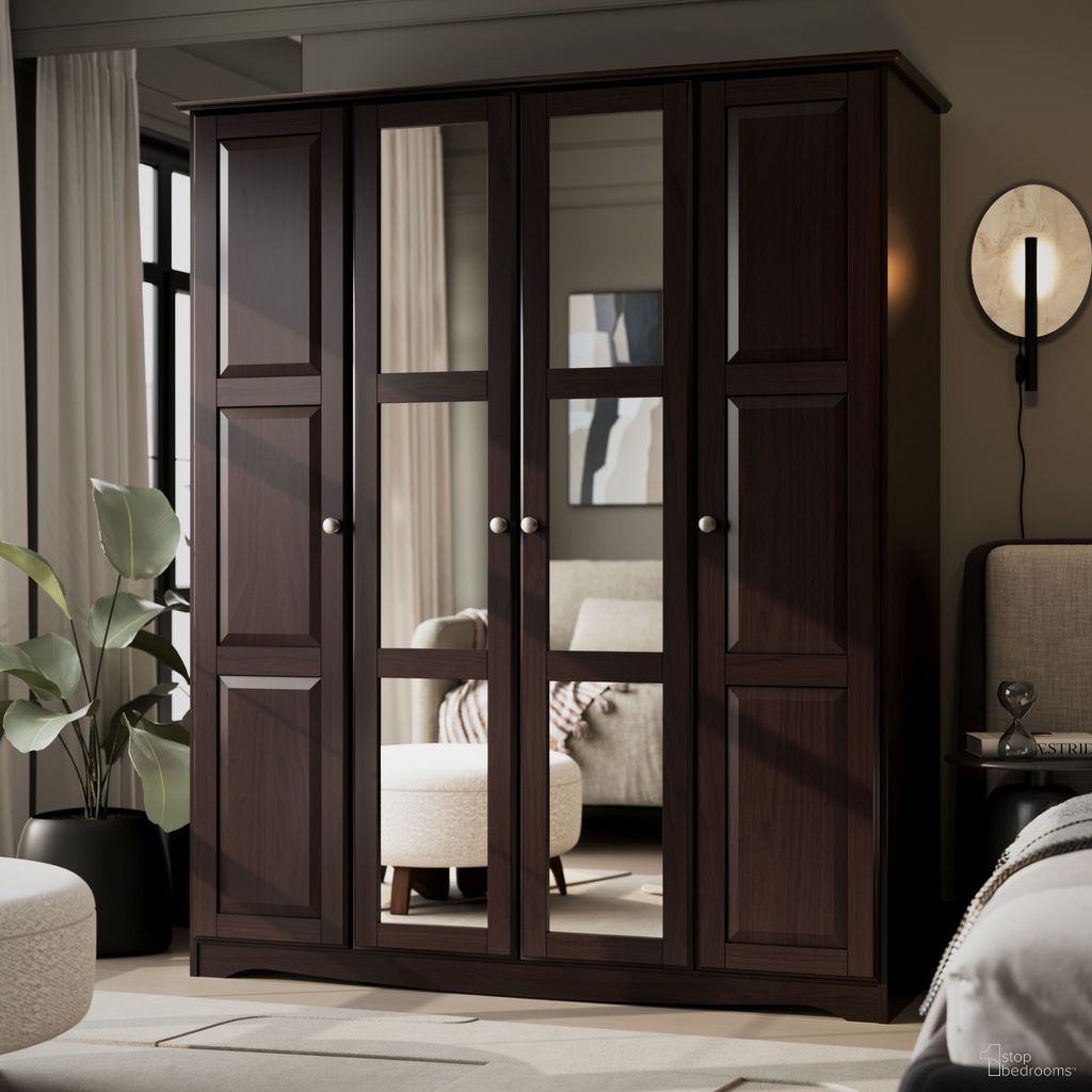 The appearance of Regal 4-Door Wardrobe with Mirrored Doors and Metal Knobs In Java designed by Palace Imports in the modern / contemporary interior design. This java piece of furniture was selected by 1StopBedrooms from Regal Collection to add a touch of cosiness and style into your home. Sku: 5986MK. Material: Solid Pine Wood.