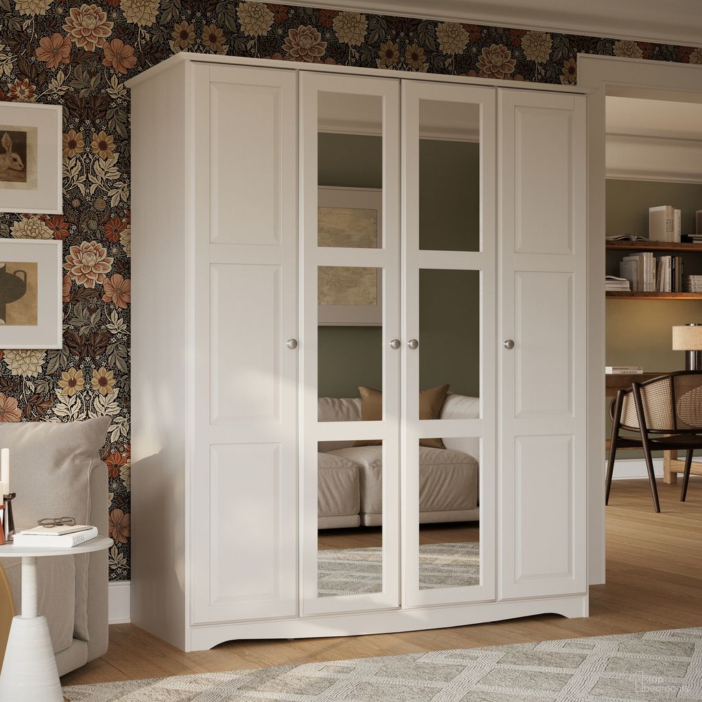 The appearance of Regal 4-Door Wardrobe with Mirrored Doors and Metal Knobs In White designed by Palace Imports in the modern / contemporary interior design. This white piece of furniture was selected by 1StopBedrooms from Regal Collection to add a touch of cosiness and style into your home. Sku: 5981MK. Material: Solid Pine Wood.