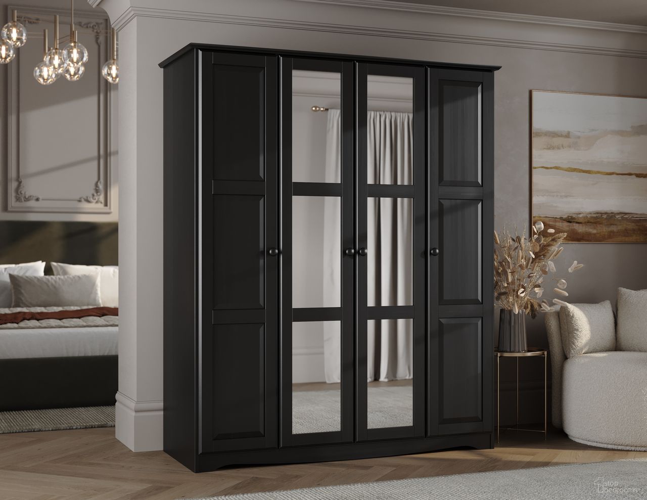The appearance of Regal 4-Door Wardrobe with Mirrored Doors In Black designed by Palace Imports in the modern / contemporary interior design. This black piece of furniture  was selected by 1StopBedrooms from Regal Collection to add a touch of cosiness and style into your home. Sku: 5987M. Material: Solid Pine Wood.