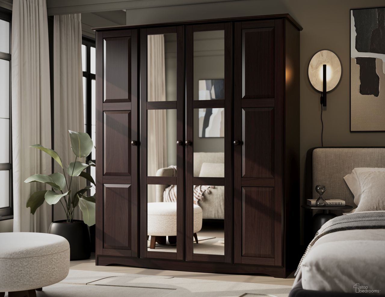 The appearance of Regal 4-Door Wardrobe with Mirrored Doors In Java designed by Palace Imports in the modern / contemporary interior design. This java piece of furniture  was selected by 1StopBedrooms from Regal Collection to add a touch of cosiness and style into your home. Sku: 5986M. Material: Solid Pine Wood.
