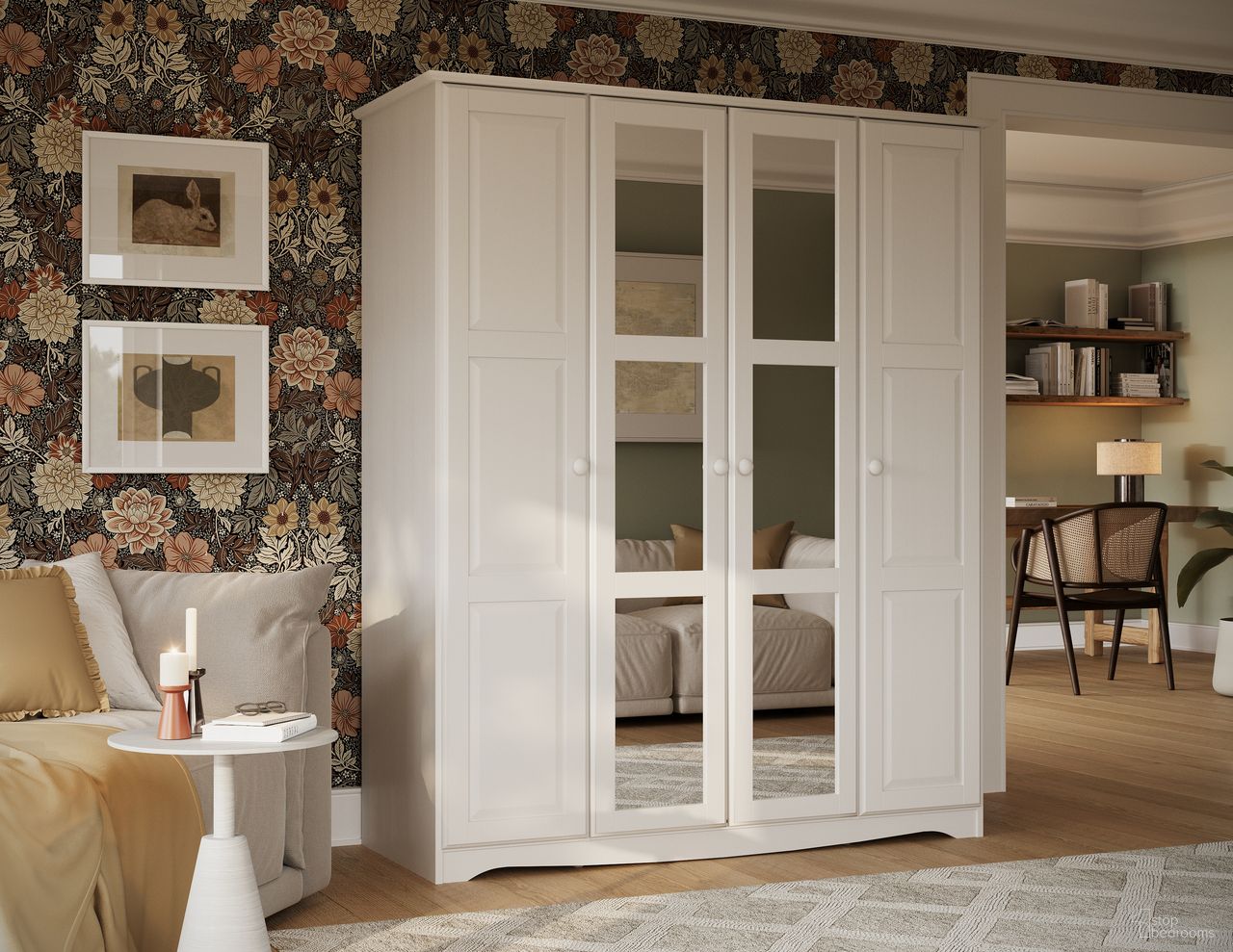 The appearance of Regal 4-Door Wardrobe with Mirrored Doors In White designed by Palace Imports in the modern / contemporary interior design. This white piece of furniture  was selected by 1StopBedrooms from Regal Collection to add a touch of cosiness and style into your home. Sku: 5981M. Material: Solid Pine Wood.