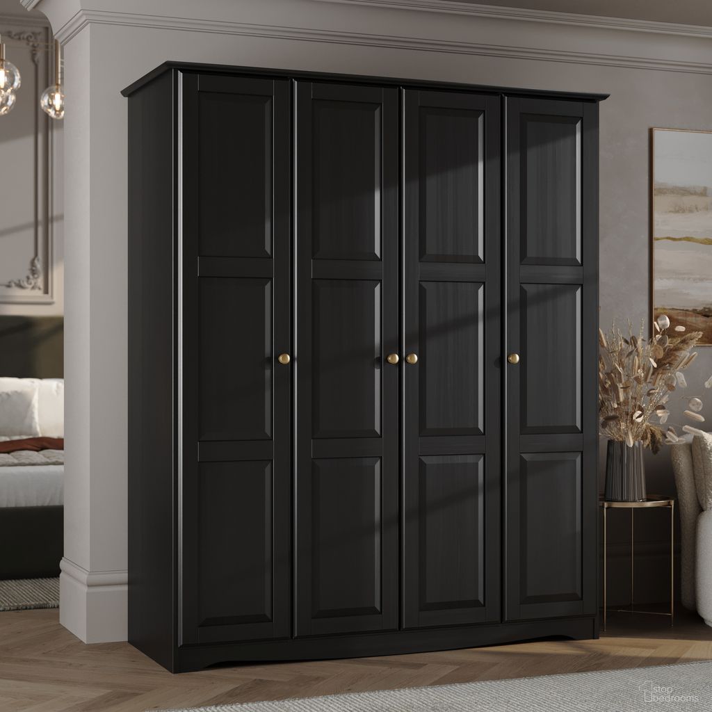 The appearance of Regal 4-Door Wardrobe with Raised Panel Doors and Metal Knobs In Black designed by Palace Imports in the modern / contemporary interior design. This black piece of furniture was selected by 1StopBedrooms from Regal Collection to add a touch of cosiness and style into your home. Sku: 5987DB. Material: Solid Pine Wood.
