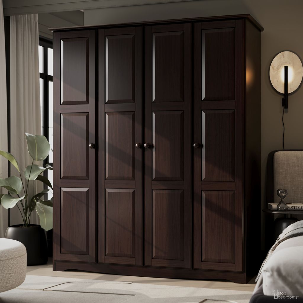The appearance of Regal 4-Door Wardrobe with Raised Panel Doors and Metal Knobs In Java designed by Palace Imports in the modern / contemporary interior design. This java piece of furniture  was selected by 1StopBedrooms from Regal Collection to add a touch of cosiness and style into your home. Sku: 5986DK. Material: Solid Pine Wood.