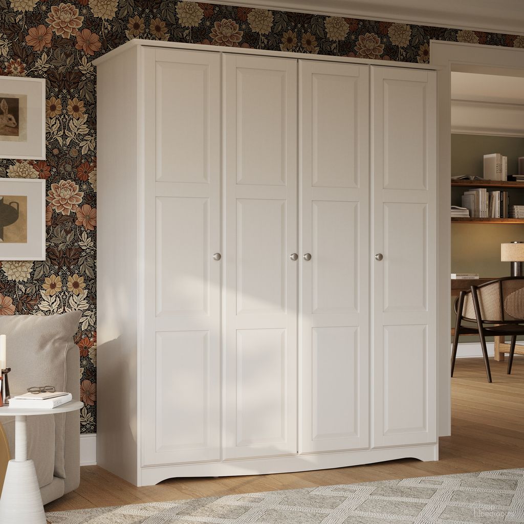 The appearance of Regal 4-Door Wardrobe with Raised Panel Doors and Metal Knobs In White designed by Palace Imports in the modern / contemporary interior design. This white piece of furniture was selected by 1StopBedrooms from Regal Collection to add a touch of cosiness and style into your home. Sku: 5981DK. Material: Solid Pine Wood.