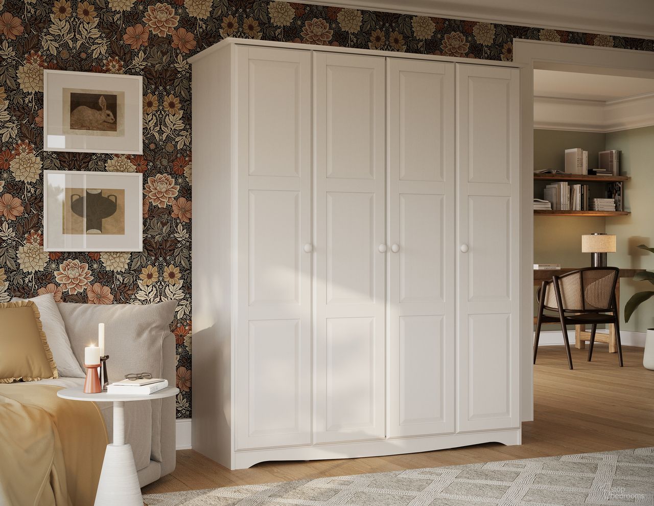 The appearance of Regal 4-Door Wardrobe with Raised Panel Doors In White designed by Palace Imports in the modern / contemporary interior design. This white piece of furniture  was selected by 1StopBedrooms from Regal Collection to add a touch of cosiness and style into your home. Sku: 5981D. Material: Solid Pine Wood.
