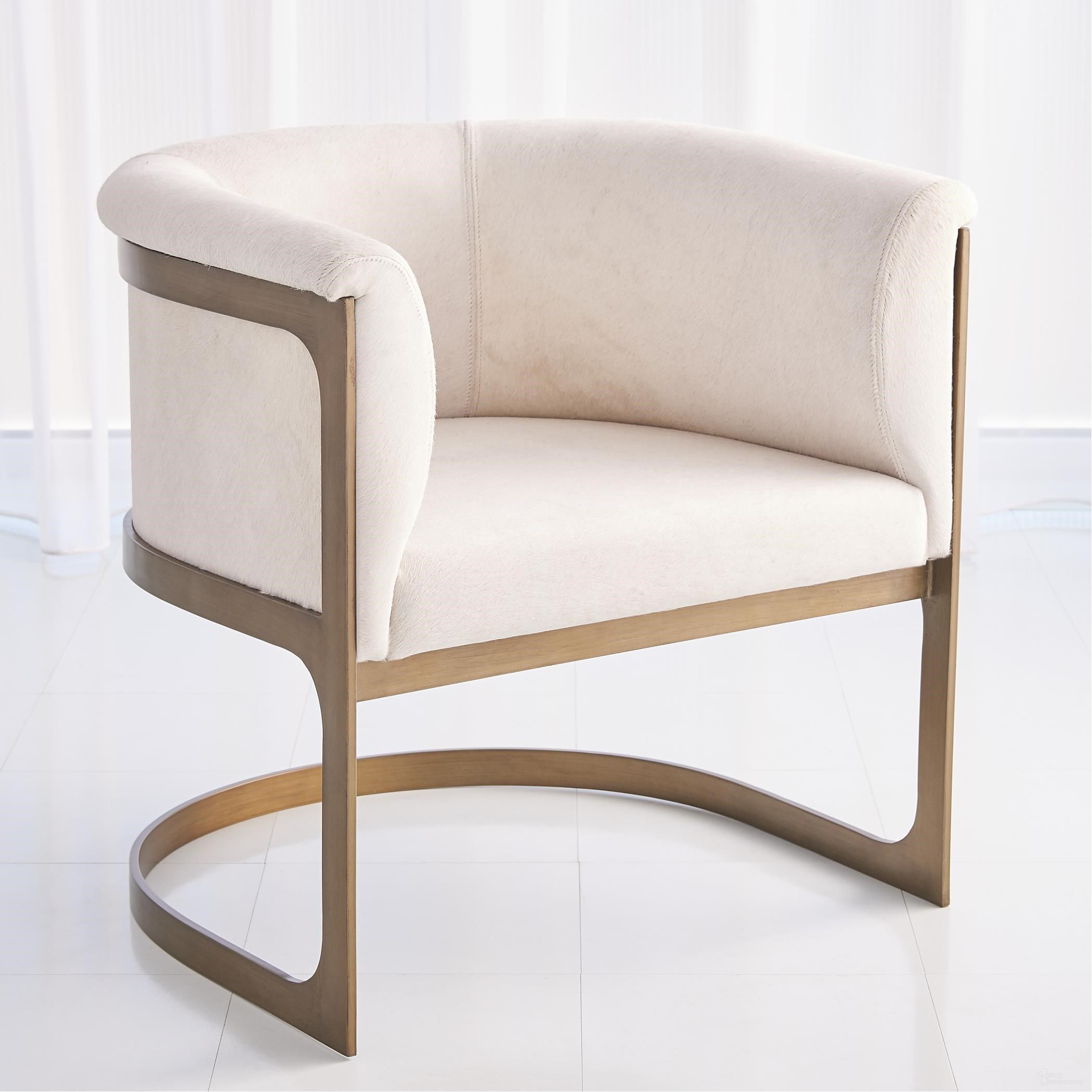The appearance of Regan Barrel Chair With Ivory Hair On Hide Antique Brass In White designed by Global Views in the modern / contemporary interior design. This white piece of furniture  was selected by 1StopBedrooms from Regan Collection to add a touch of cosiness and style into your home. Sku: 791089. Material: Iron.