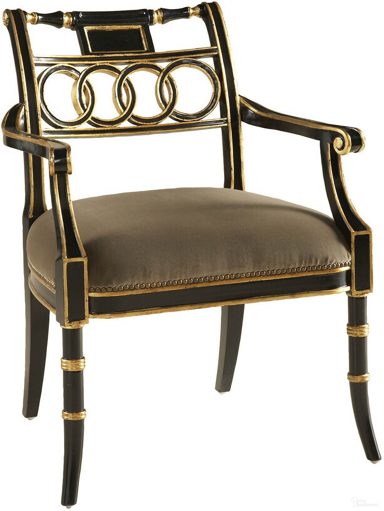 The appearance of Regency Arm Chair In Black/Gold/Taupe designed by Maitland-Smith in the modern / contemporary interior design. This black/gold/taupe piece of furniture  was selected by 1StopBedrooms from Maitland Smith Collection to add a touch of cosiness and style into your home. Sku: 8125-41. Material: Wood.