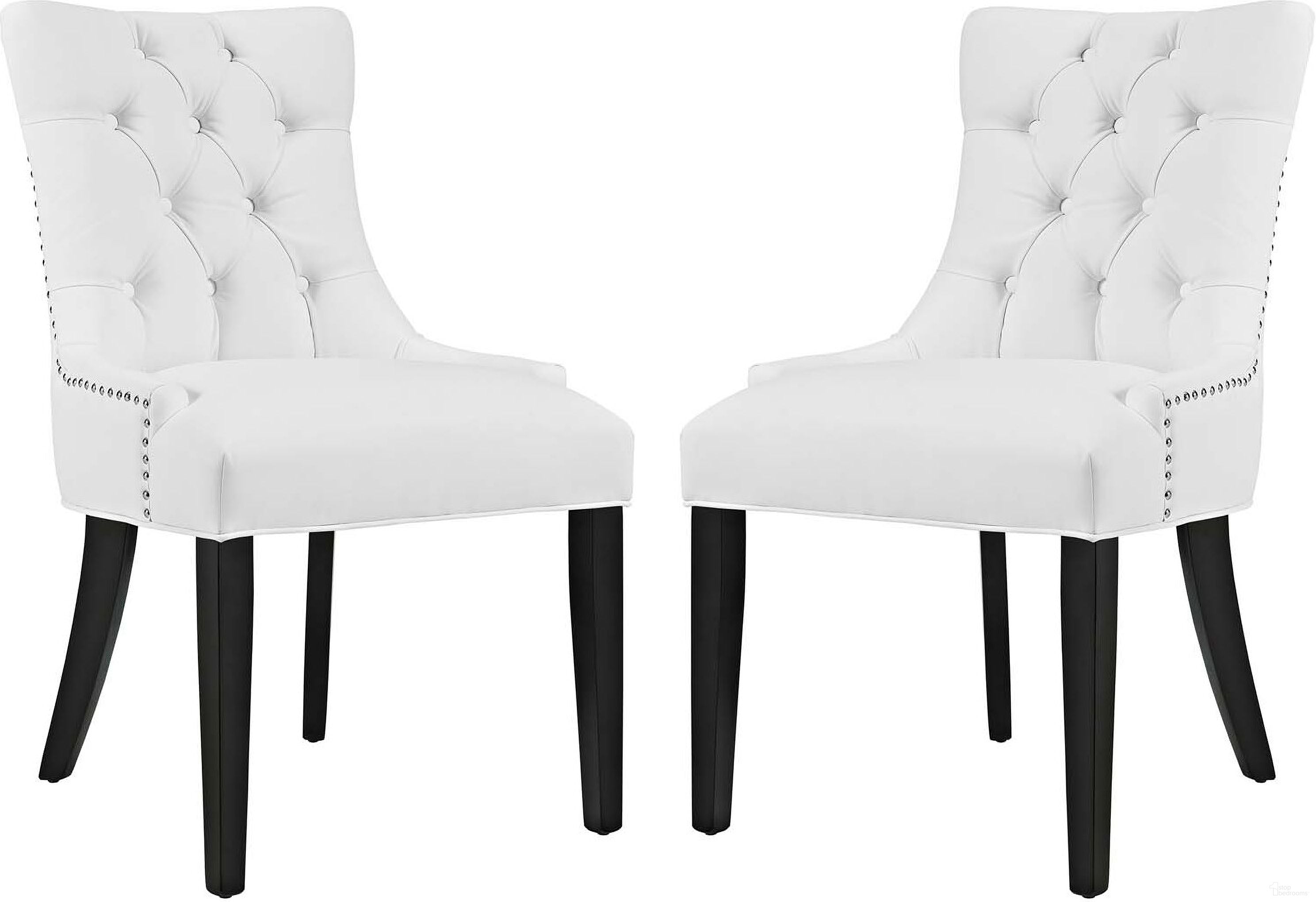 The appearance of Regent White Dining Side Chair Vinyl Set of 2 EEI-2742-WHI-SET designed by Modway in the modern / contemporary interior design. This white/black piece of furniture  was selected by 1StopBedrooms from Regent Collection to add a touch of cosiness and style into your home. Sku: EEI-2742-WHI-SET. Material: Wood. Chair Type: Side Chair.