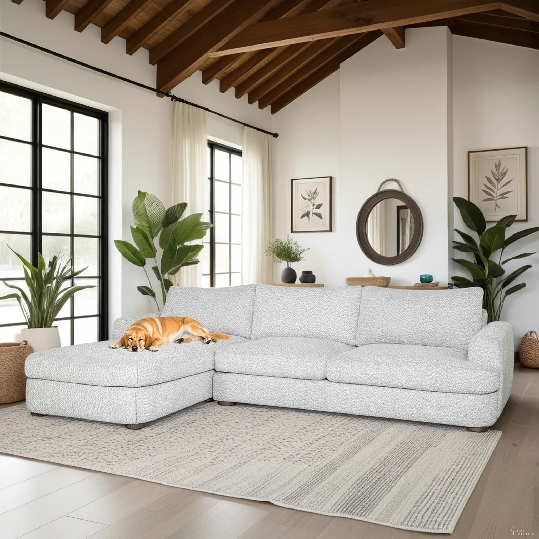 Reid 123 Inch Left Arm Facing Rectangular Sectional Sofa with Fabric and Round Arms In Speckled Stone