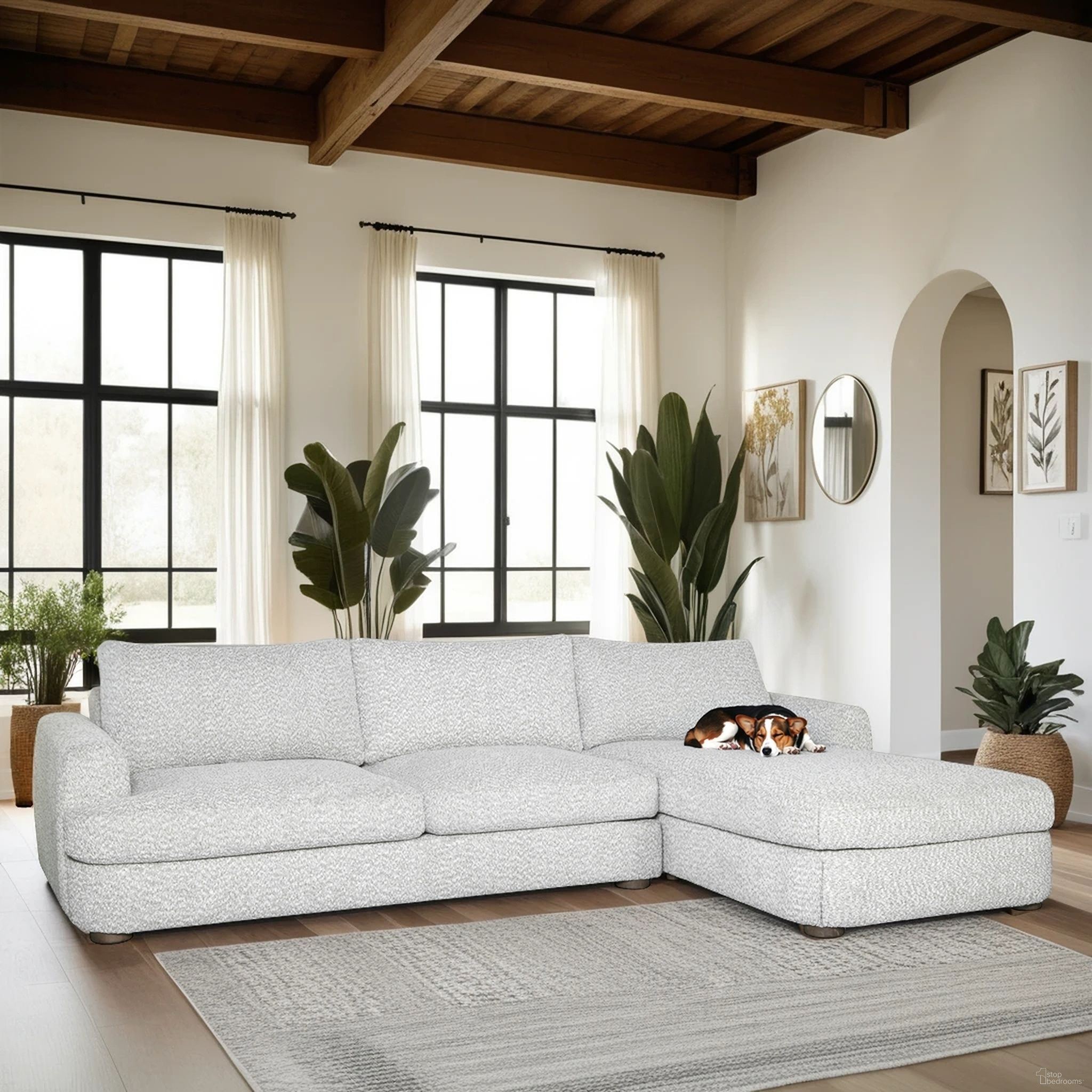 The appearance of Reid 123 Inch Right Arm Facing Rectangular Sectional Sofa with Fabric and Round Arms In Speckled Stone designed by Armen Living in the modern / contemporary interior design. This speckled stone piece of furniture  was selected by 1StopBedrooms from Reid Collection to add a touch of cosiness and style into your home. Sku: LCRDSORFSSBX1;LCRDSORFSSBX2. Material: Performance Fabric.