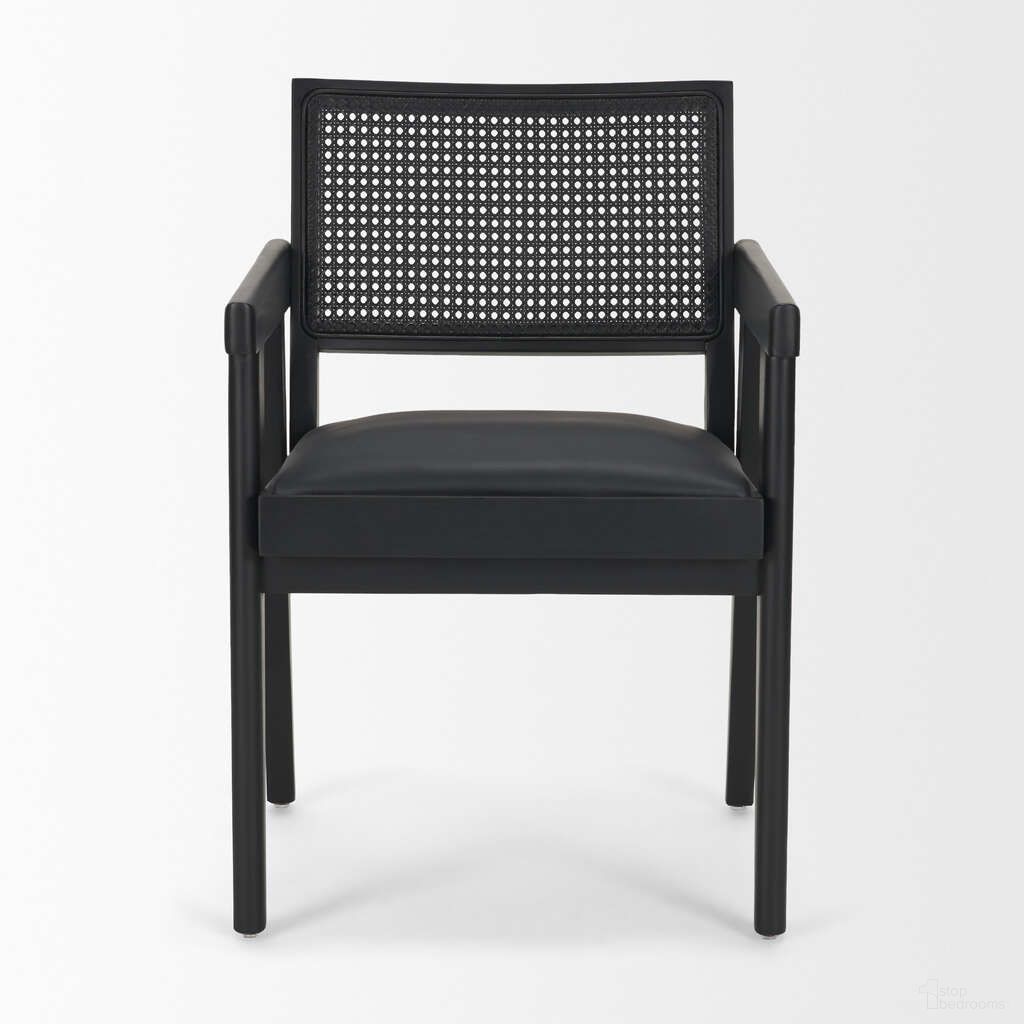 The appearance of Reid Framed Dining Armchair with Cane and Fabric In Black designed by Mercana in the modern / contemporary interior design. This black piece of furniture was selected by 1StopBedrooms from Reid Collection to add a touch of cosiness and style into your home. Sku: 71244. Material: Leather. Chair Type: Arm Chair.