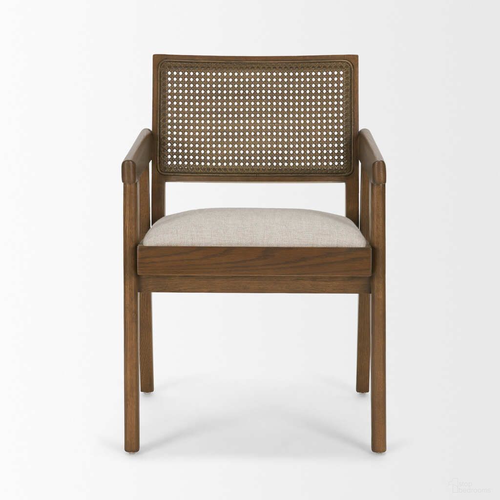 The appearance of Reid Framed Dining Armchair with Cane and Fabric In Brown and Cream designed by Mercana in the modern / contemporary interior design. This brown and cream piece of furniture  was selected by 1StopBedrooms from Reid Collection to add a touch of cosiness and style into your home. Sku: 71245. Material: Polyester. Chair Type: Arm Chair.
