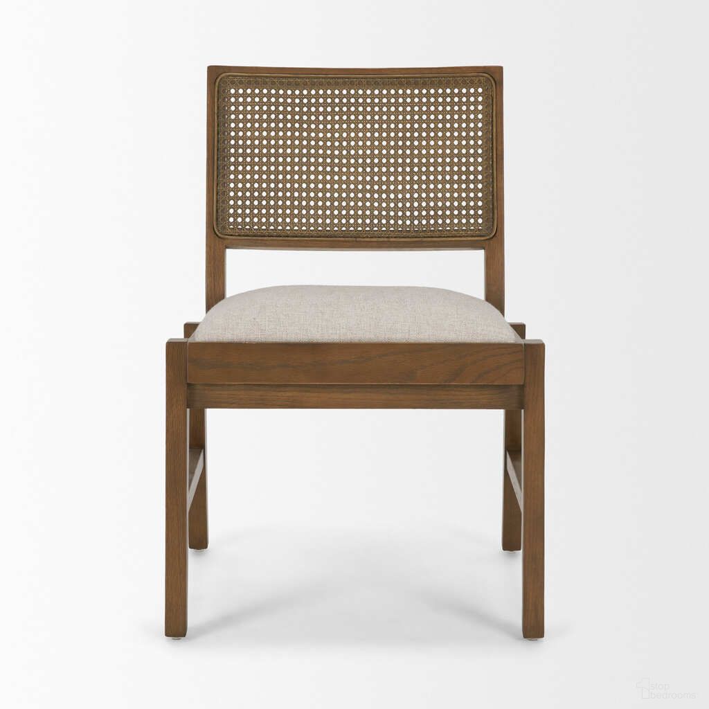The appearance of Reid Framed Dining Chair  Set Of 2 with Cane and Fabric In Brown and Cream designed by Mercana in the modern / contemporary interior design. This brown and cream piece of furniture  was selected by 1StopBedrooms from Reid Collection to add a touch of cosiness and style into your home. Sku: 71243. Material: Polyester. Chair Type: Side Chair.