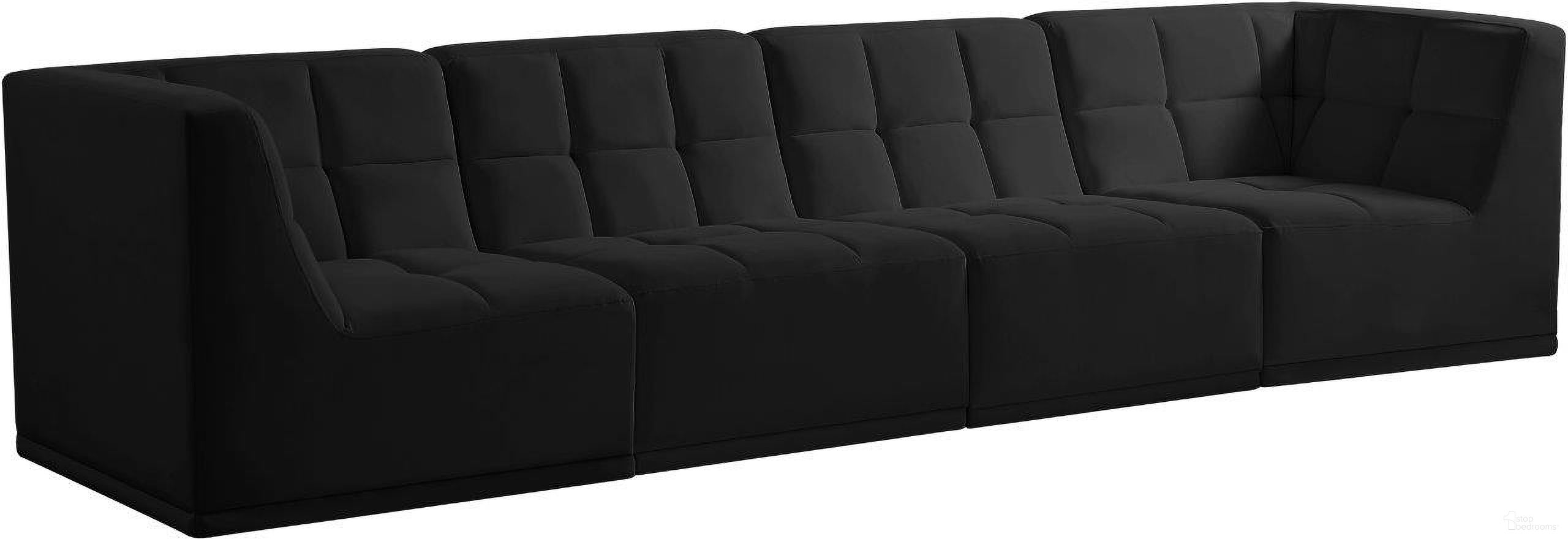 The appearance of Relax Velvet 4 Piece Modular Sofa In Black designed by Meridian in the modern / contemporary interior design. This black piece of furniture  was selected by 1StopBedrooms from Relax Collection to add a touch of cosiness and style into your home. Sku: 650Black-Corner;650Black-Corner;650Black-Armless;650Black-Armless. Material: Velvet.