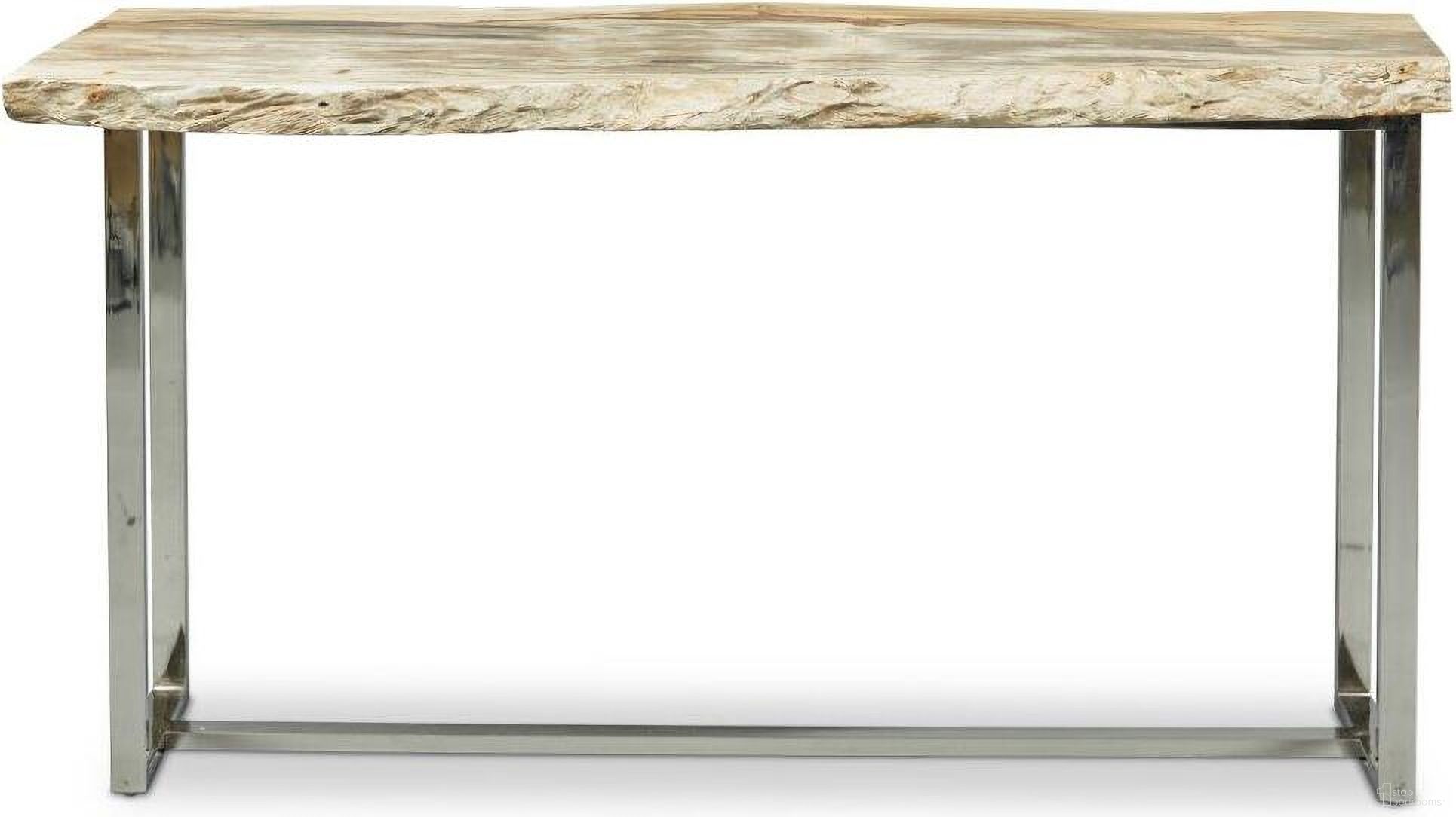 Relique Raw Console In Polished Stainless Steel Frame And Natural Light Top