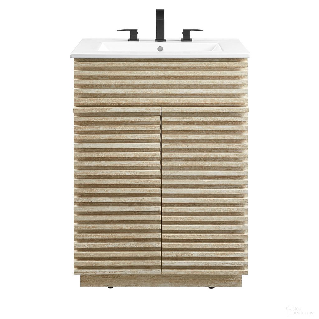 The appearance of Render 24 Inch Faux Travertine Bathroom Vanity With Sink In White designed by Modway in the modern / contemporary interior design. This white piece of furniture  was selected by 1StopBedrooms from Render Collection to add a touch of cosiness and style into your home. Sku: EEI-3766-WHI;EEI-6967-TRA. Material: Travertine.