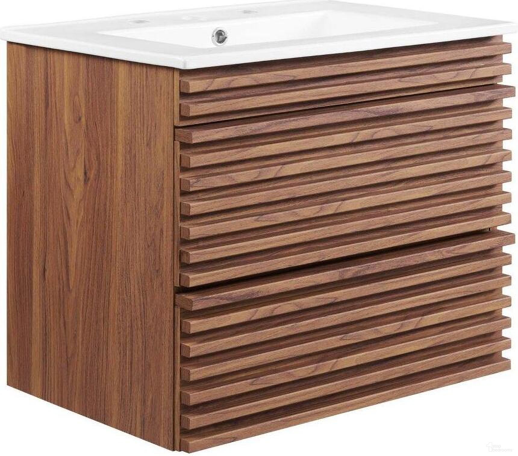 The appearance of Render 24 Inch Wall-Mount Bathroom Vanity In Walnut/White designed by Modway in the modern / contemporary interior design. This walnut white piece of furniture  was selected by 1StopBedrooms from Render Collection to add a touch of cosiness and style into your home. Sku: EEI-3766-WHI;EEI-4338-WAL. Material: MDF.