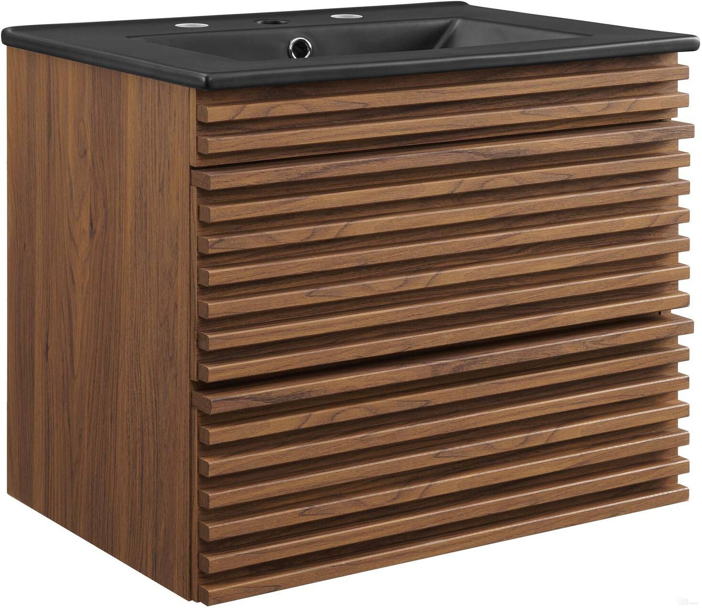 The appearance of Render 24 Inch Wall-Mount Bathroom Vanity In Walnut/Black designed by Modway in the modern / contemporary interior design. This walnut black piece of furniture  was selected by 1StopBedrooms from Render Collection to add a touch of cosiness and style into your home. Sku: EEI-4338-WAL;EEI-5069-BLK. Material: MDF.