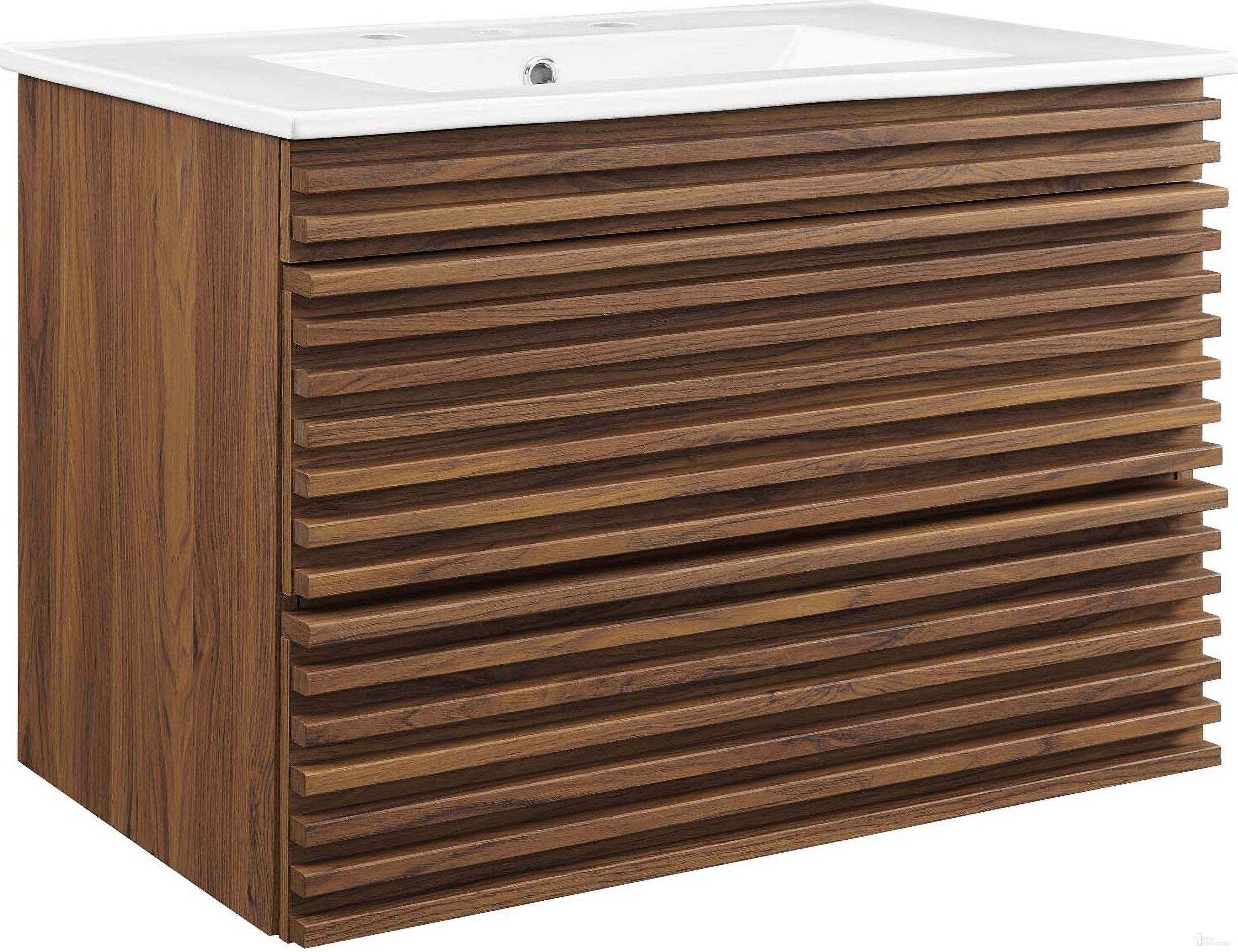 The appearance of Render 30 Inch Wall-Mount Bathroom Vanity In Walnut/White designed by Modway in the modern / contemporary interior design. This walnut piece of furniture was selected by 1StopBedrooms from Render Collection to add a touch of cosiness and style into your home. Sku: EEI-4837-WHI;EEI-4850-WAL. Material: MDF.