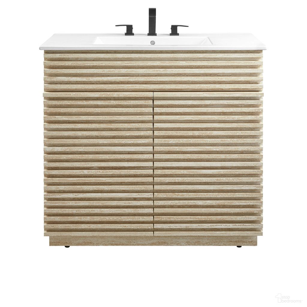 The appearance of Render 36 Inch Faux Travertine Bathroom Vanity With Sink In White designed by Modway in the modern / contemporary interior design. This white piece of furniture  was selected by 1StopBedrooms from Render Collection to add a touch of cosiness and style into your home. Sku: EEI-4203-WHI;EEI-6969-TRA. Material: Travertine.