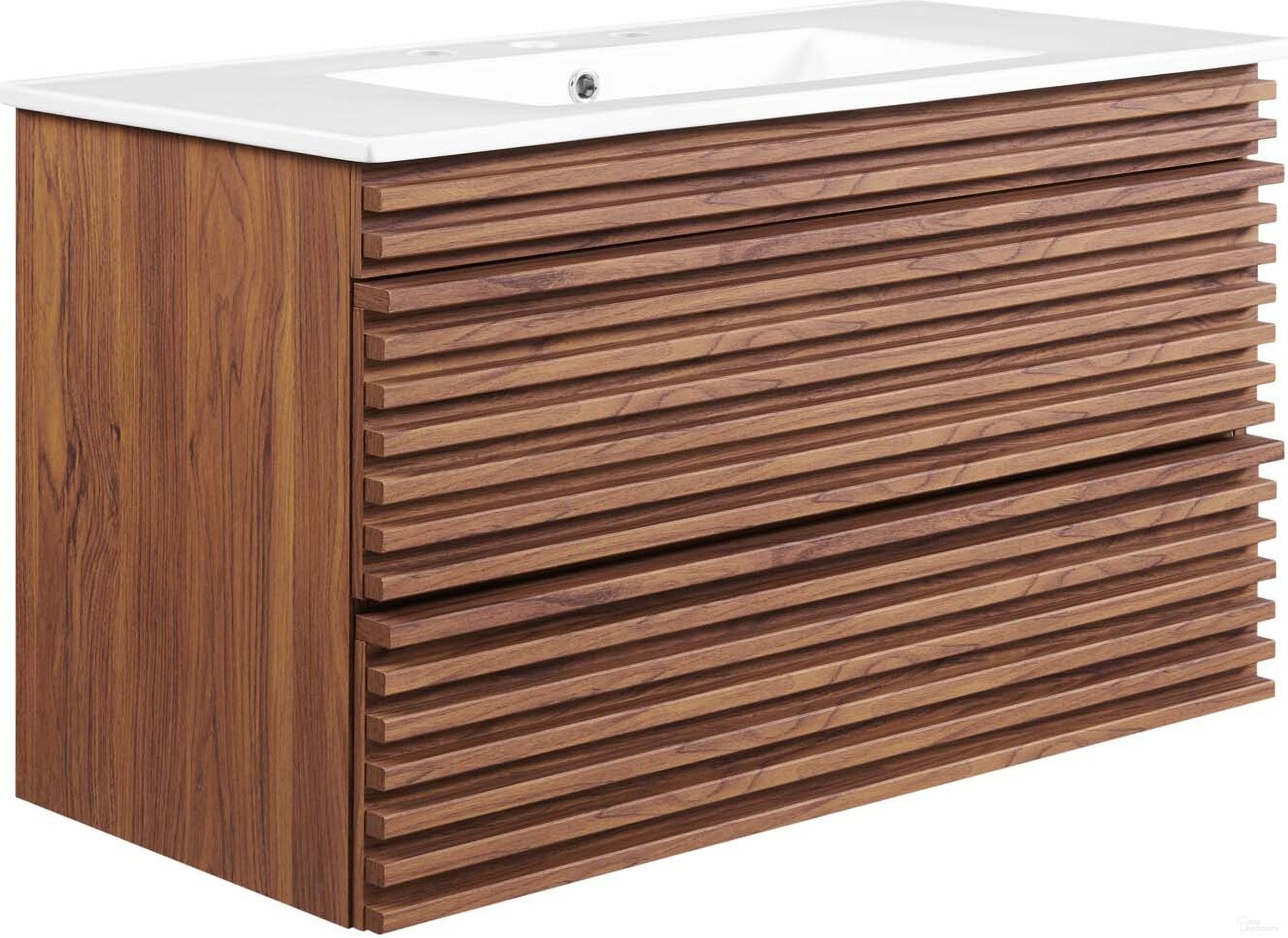 The appearance of Render 36 Inch Wall-Mount Bathroom Vanity In Walnut/White designed by Modway in the modern / contemporary interior design. This walnut white piece of furniture  was selected by 1StopBedrooms from Render Collection to add a touch of cosiness and style into your home. Sku: EEI-4203-WHI;EEI-4339-WAL. Material: MDF.